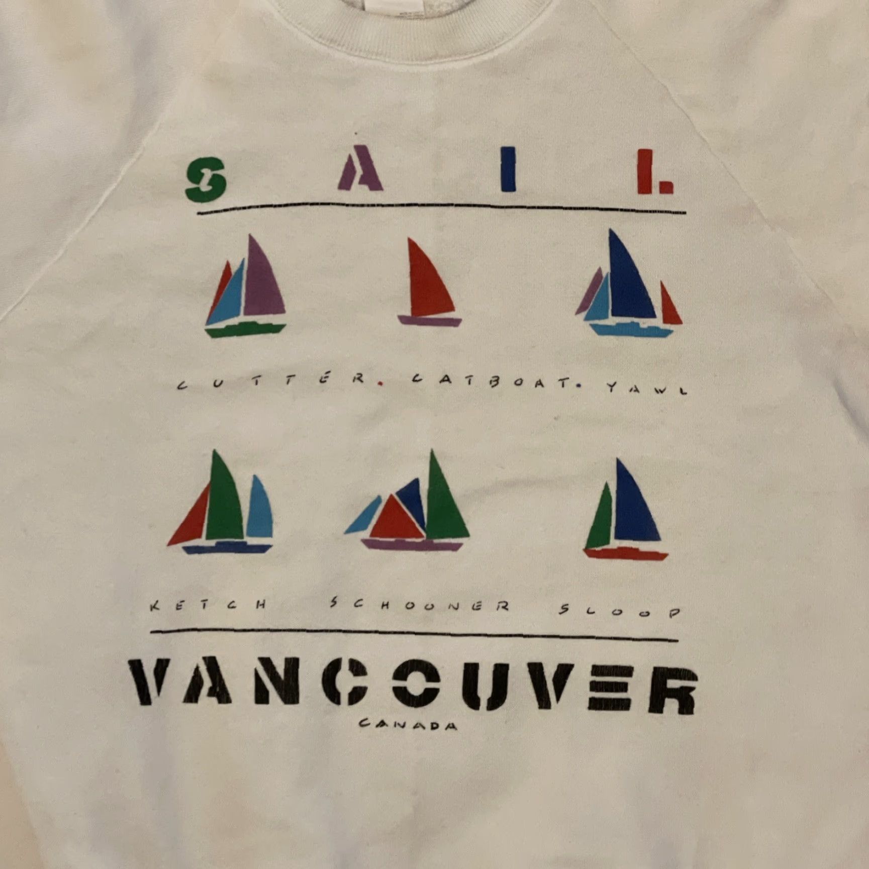 Etro VTG 80s Vancouver Canada Cutter Yawl Sail Boats Retro Sweatshirt Medium White Mens Crew Neck Pullover Logo Graphic Print All Seasons Cotton Polyester Size US M / EU 48-50 / 2 - 2 Thumbnail