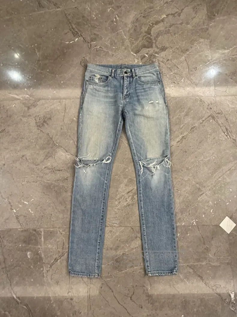 Saint Laurent Paris Saint Laurent Paris Blue Knife Cut Washed Destroyed Denim Size US 29 - 1 Thumbnail