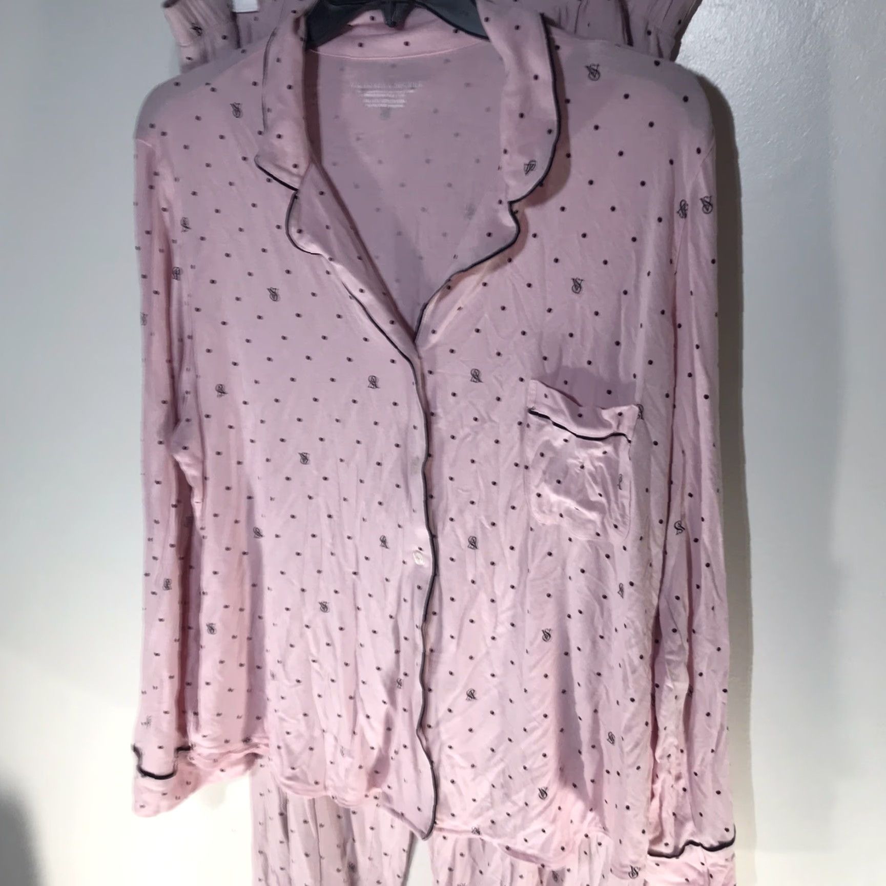 Vintage Victoria's Secret Pink Women's Pajama Set XXL Polka Dot Logo Long Sleeve Knit Fall Winter Size ONE SIZE - 2 Thumbnail