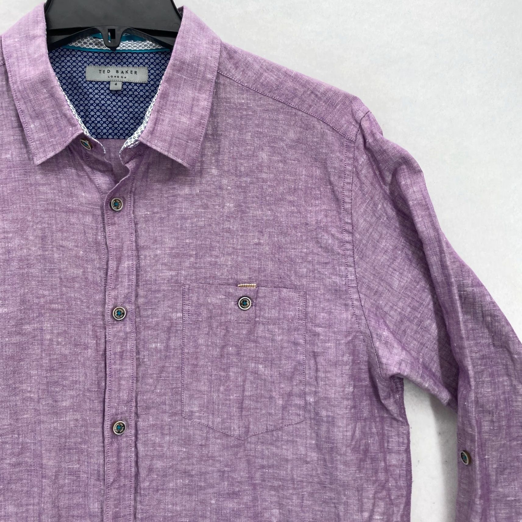 Ted Baker Ted Baker London Button Front Shirt Mens Sz 4 Purple Linen Contrast Cuff Roll Up Shirt Size US S / EU 44-46 / 1 - 2 Thumbnail