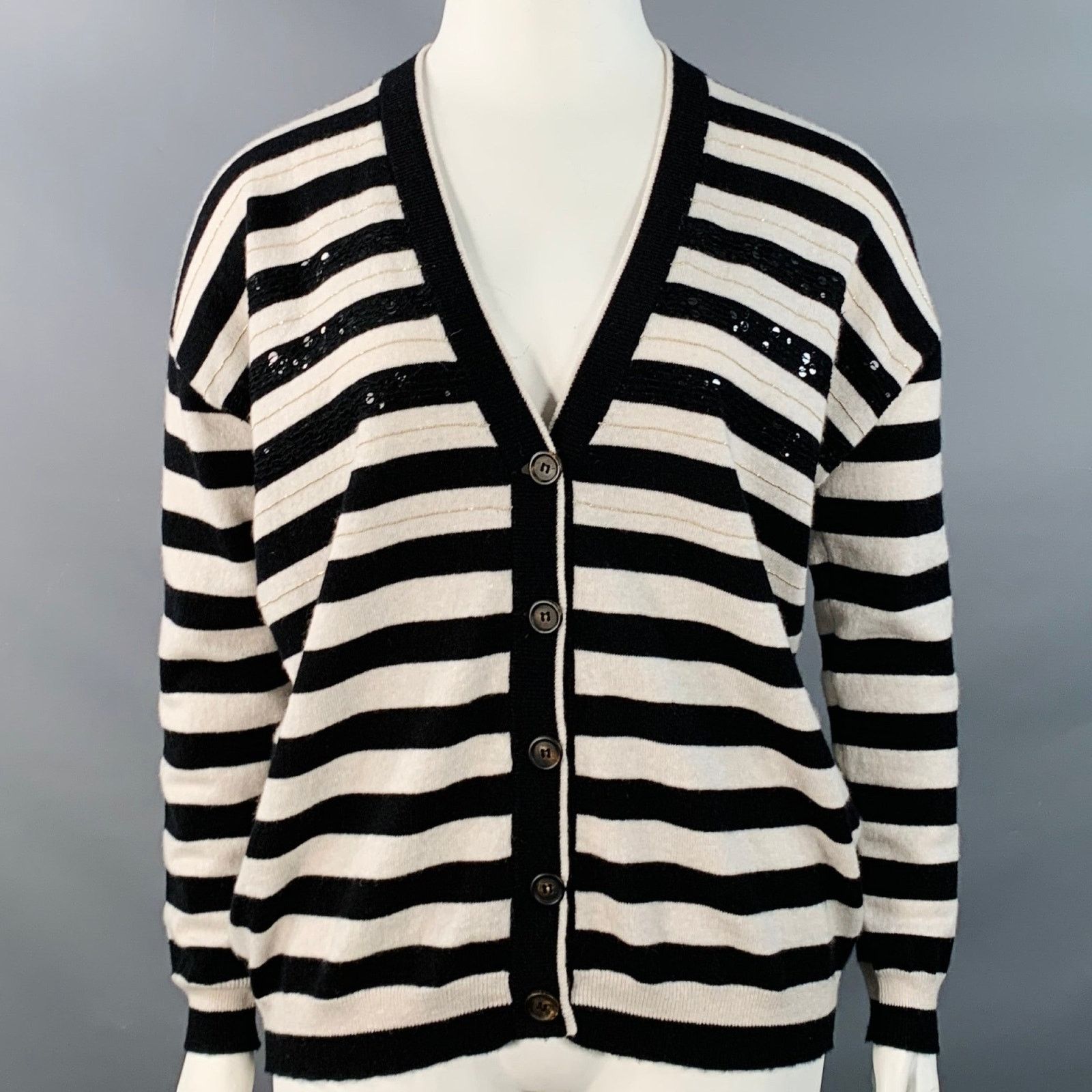 Brunello Cucinelli Black White Cashmere Stripe Monili Beaded Sequined Cardigan Size L / US 10 / IT 46 - 1 Thumbnail