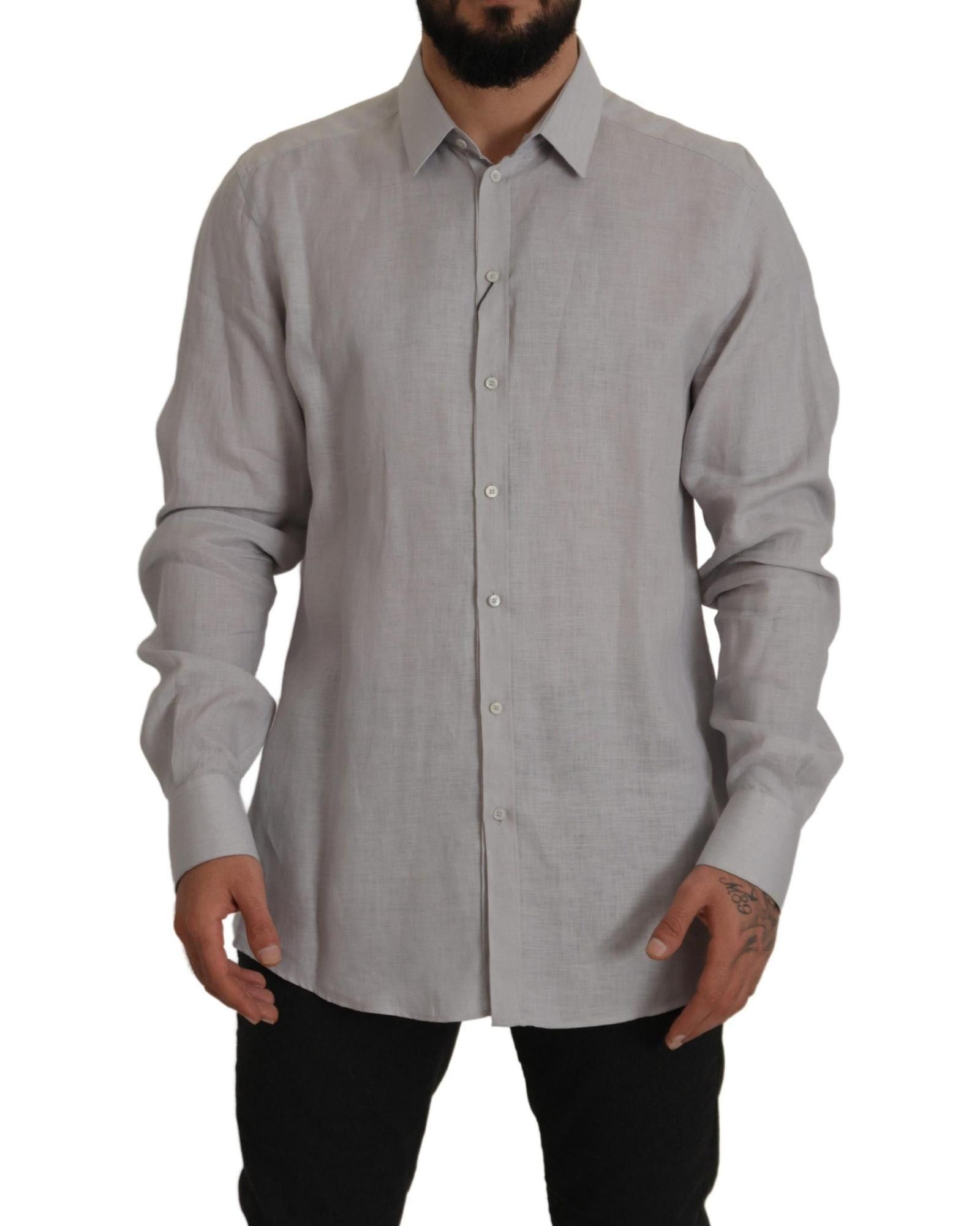 image of Dolce Gabbana Formal Linen Long Sleeves Shirt in Grey, Men's (Size XL)