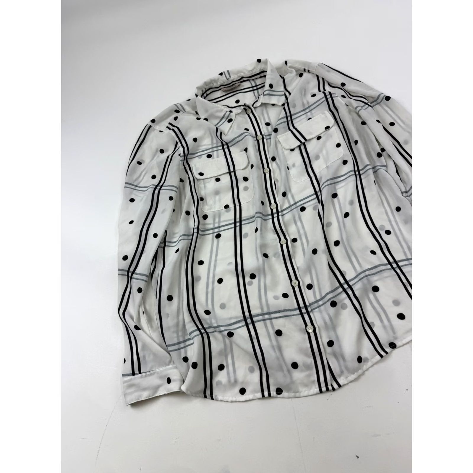 Loft LOFT Shirt Womens XL White Dot Stripe Button Front Long Sleeve Collared Top Size XL / US 12-14 / IT 48-50 - 2 Thumbnail