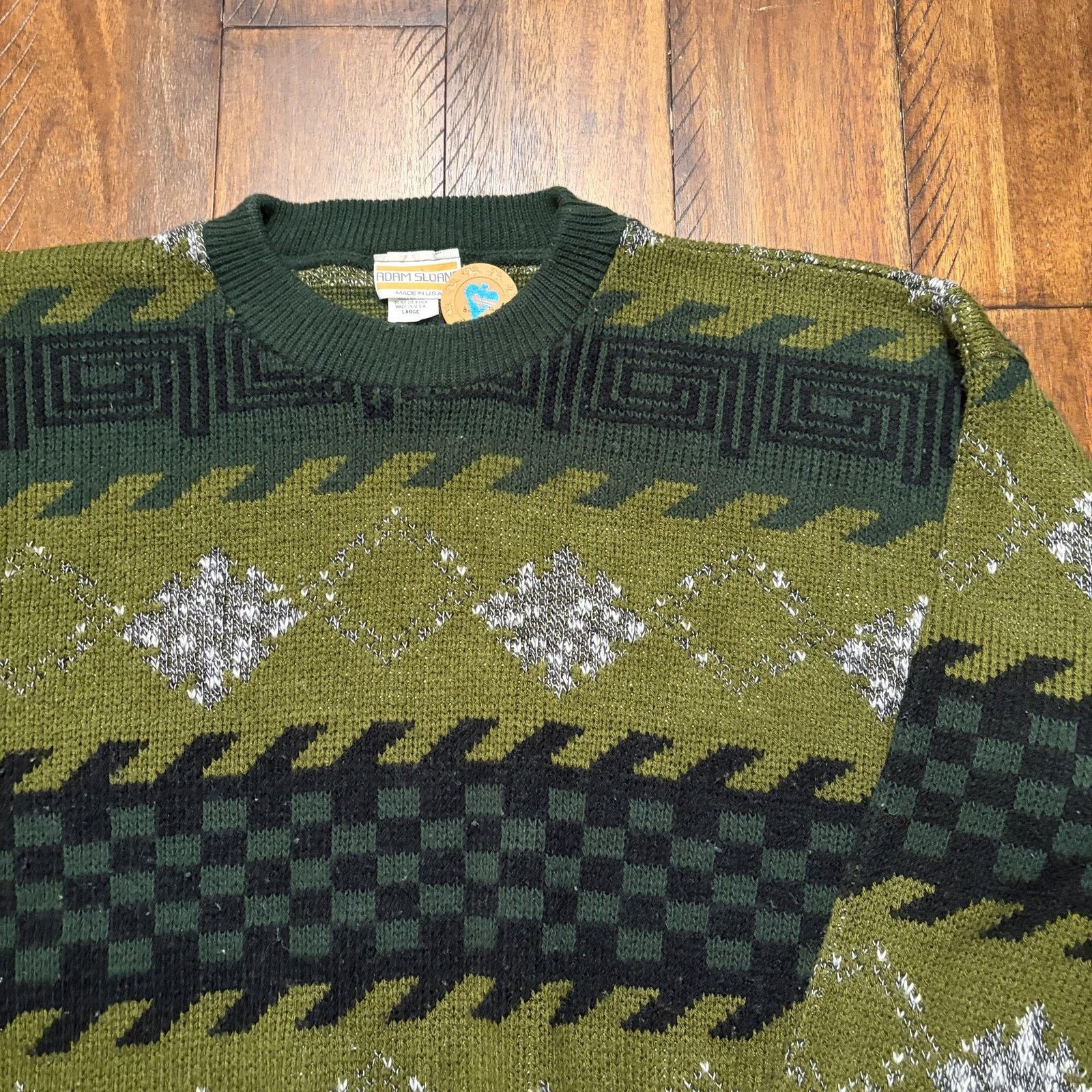 Vintage Vtg Adam Sloane Sweater Mens L Green Geometric Knit USA 90s Size US L / EU 52-54 / 3 - 3 Thumbnail
