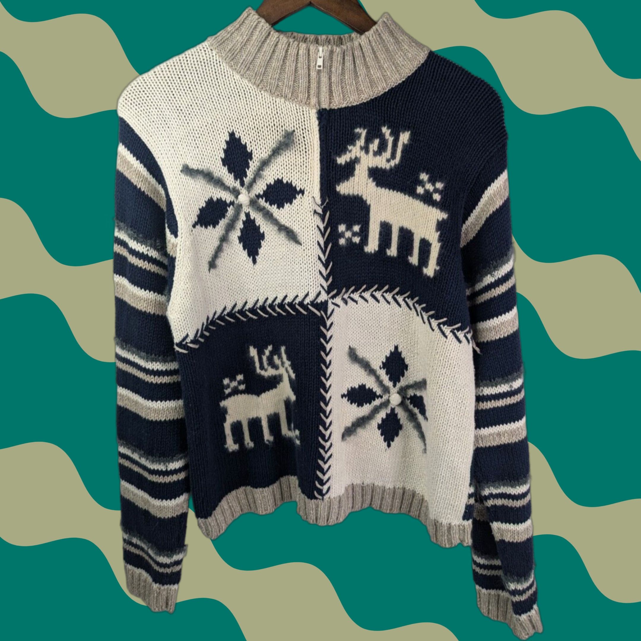 Vintage VINTAGE Lauren Hansen Women's Large Quarter Zip Knitted Christmas Sweater Ramie Size L / US 10 / IT 46 - 1 Thumbnail