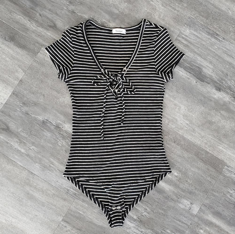 Designer Black White Striped TeenBell Bodysuit Size S / US 4 / IT 40 - 1 Thumbnail