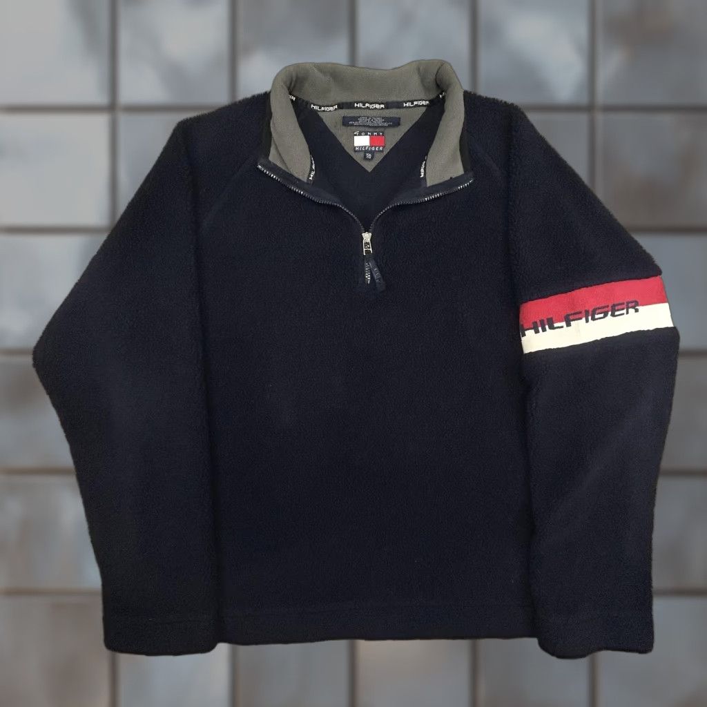 Tommy Hilfiger VINTAGE Tommy Hilfiger Pullover Fleece Jacket Mens 2XL Navy Sleeve Stripe 90s Size US XXL / EU 58 / 5 - 1 Thumbnail