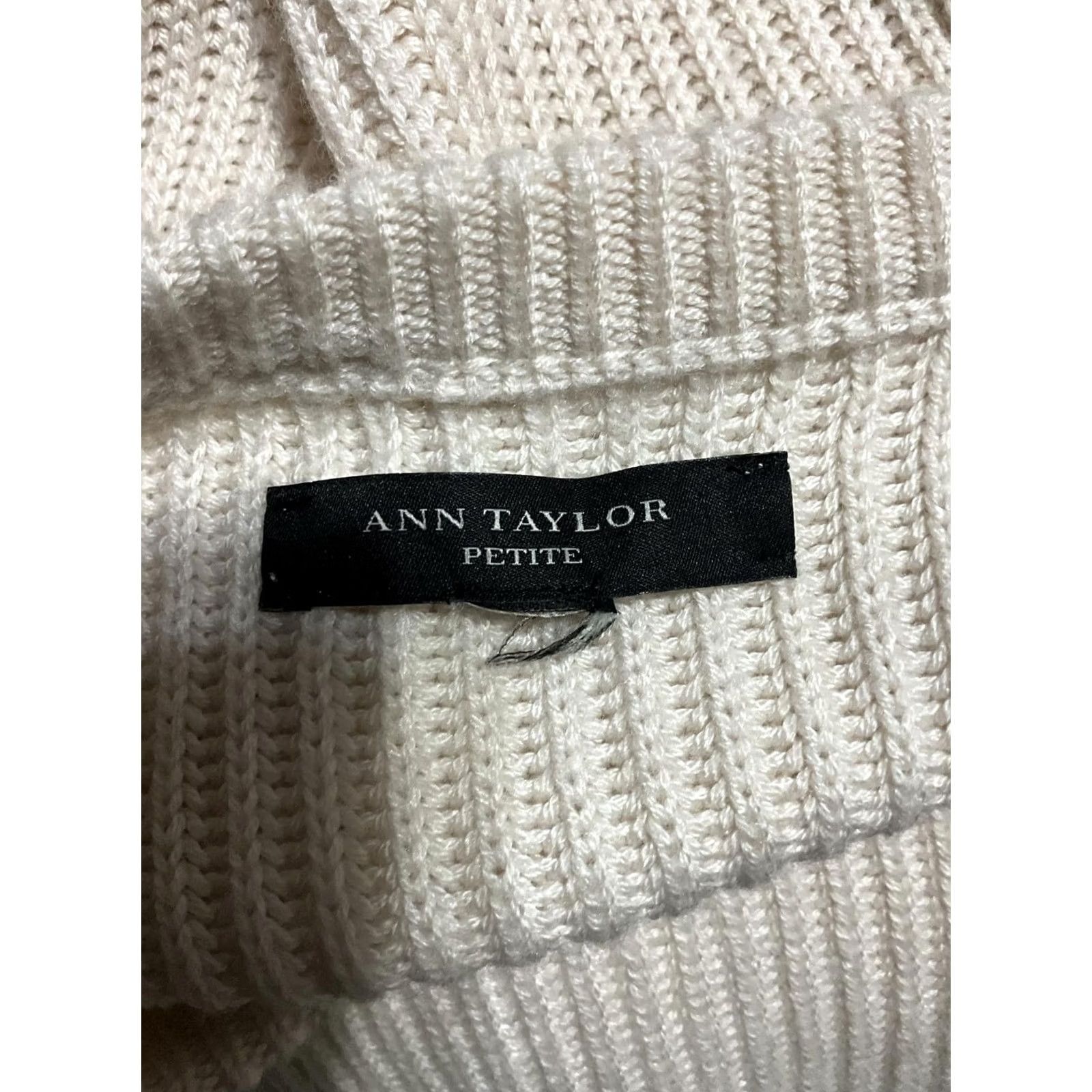 Ann Taylor Ann Taylor Knit Sweater with Black Beaded Neckline - Cream - Petite L - Long Sleeve - Crew Neck - Embroidered Accent - Solid - Women Size L / US 10 / IT 46 - 2 Thumbnail