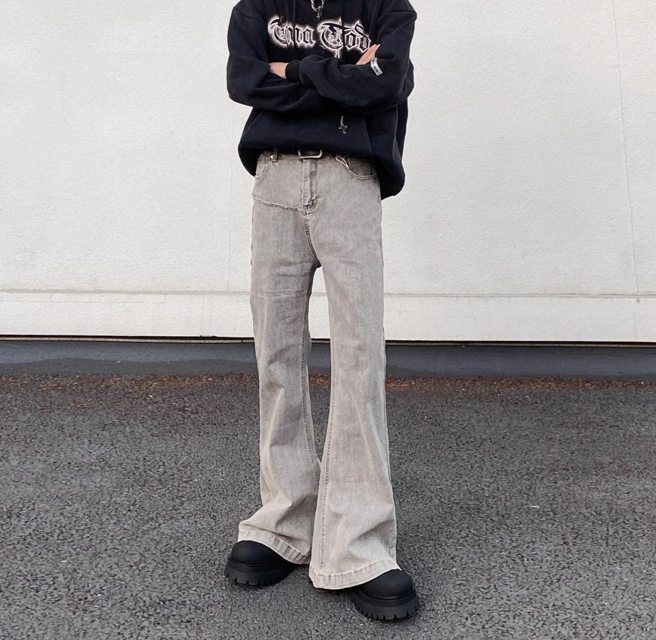 Designer × Jean Streetwear Gray Flared Jeans Size US 31 - 1 Thumbnail