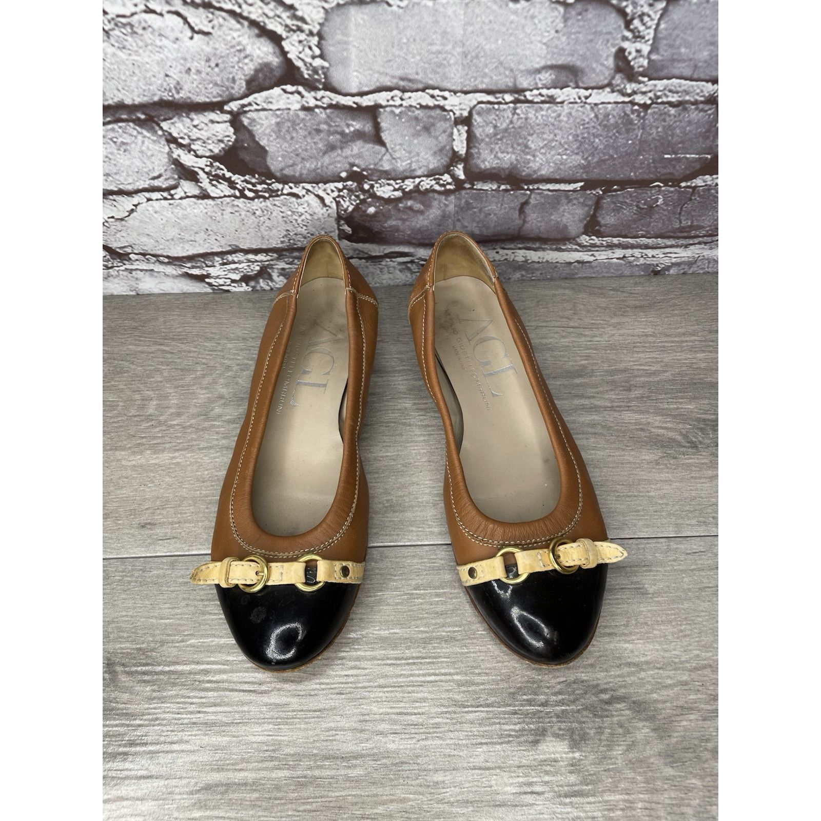 AGLINI AGL SPECTATOR Brown Leather Black Patent Cap Toe Ballet Flat Size US 6 / IT 36 - 22 Thumbnail