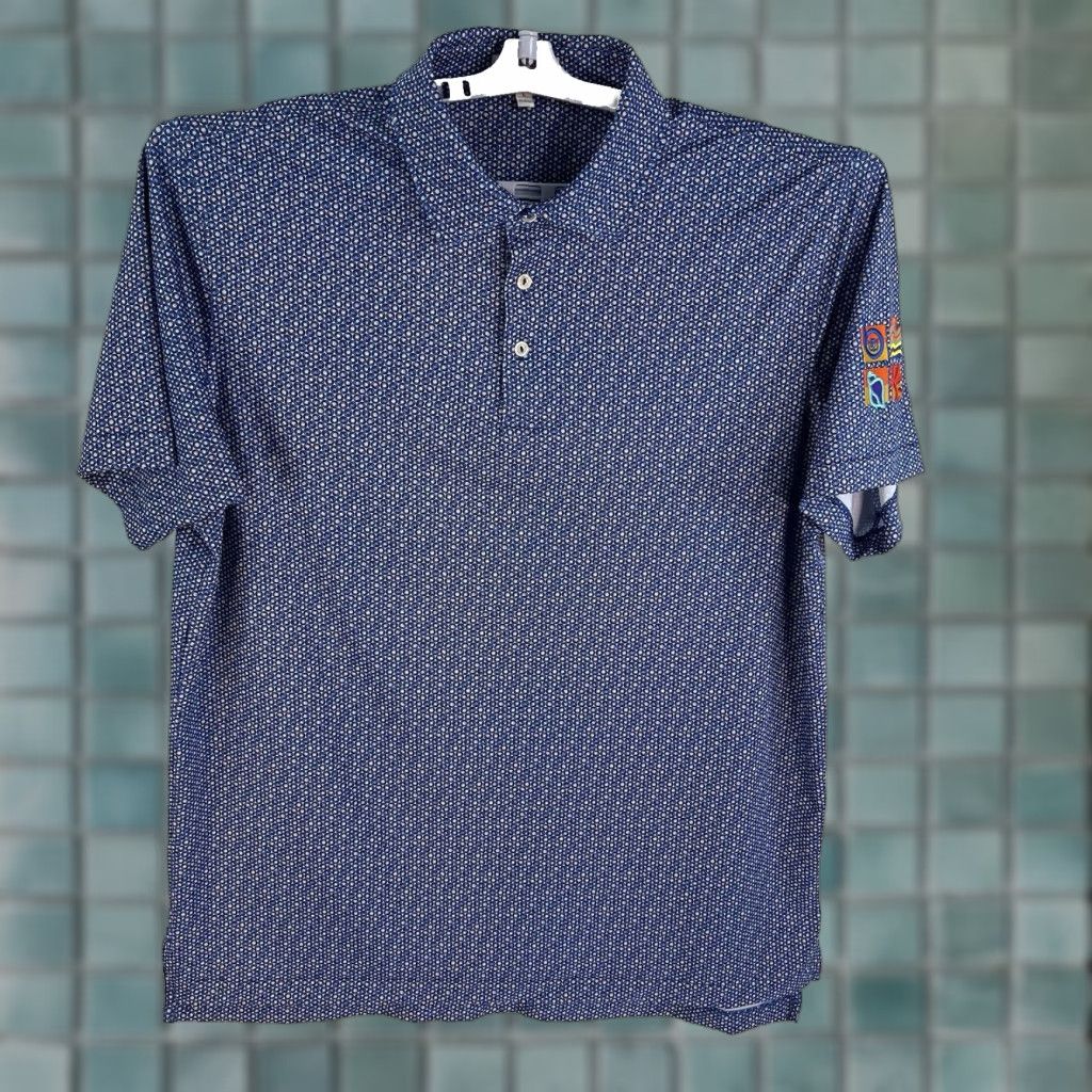 Peter Millar Peter Millar Southern Comfort Polo Mens L Geometric Blue Embroidered Logo Knit Short Sleeve Polo Shirt - Golf, Casual Size US L / EU 52-54 / 3 - 1 Thumbnail