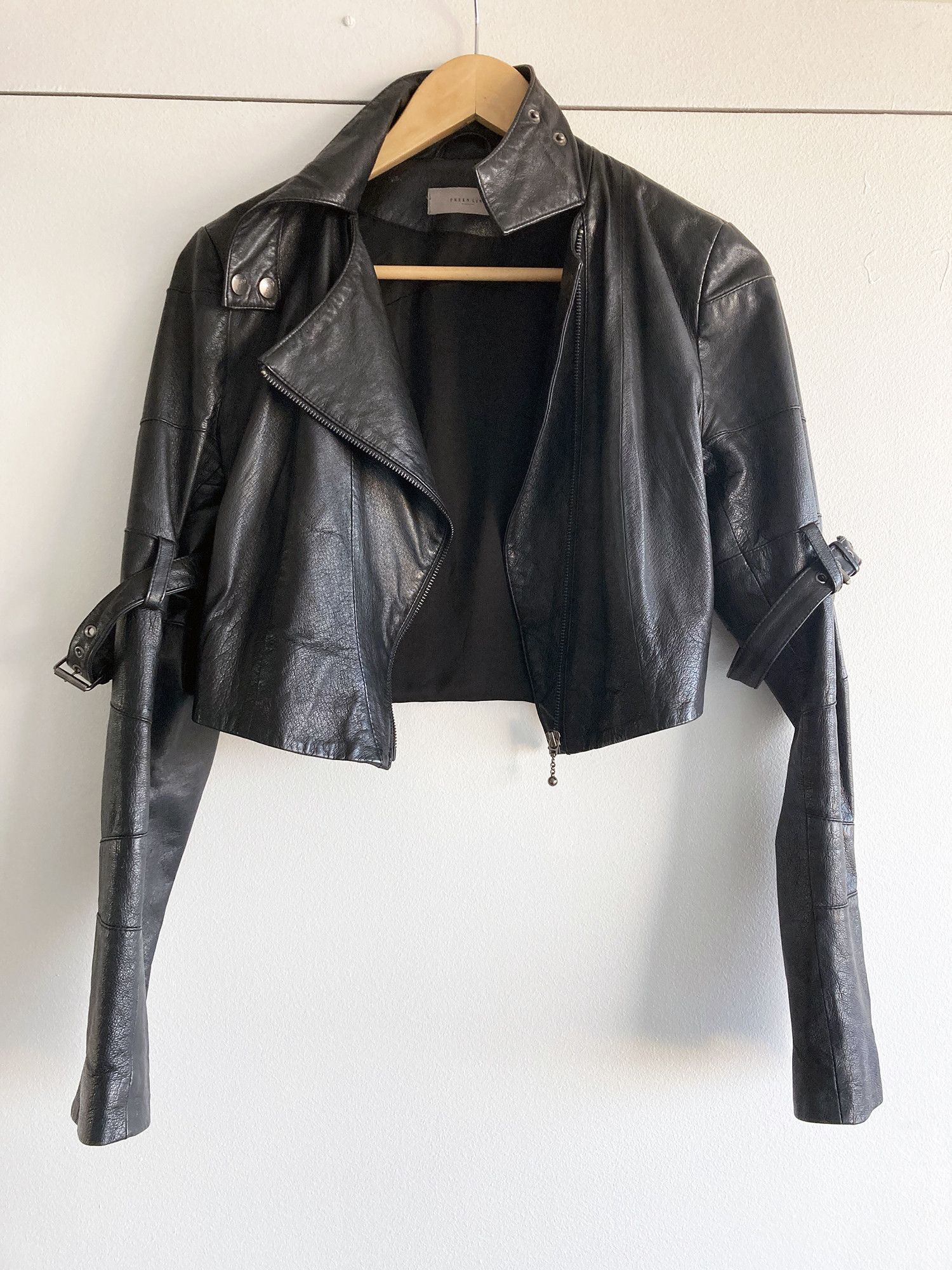 image of Preen By Thornton Bregrazzi Cropped Leather Biker in Black, Women's (Size Medium)