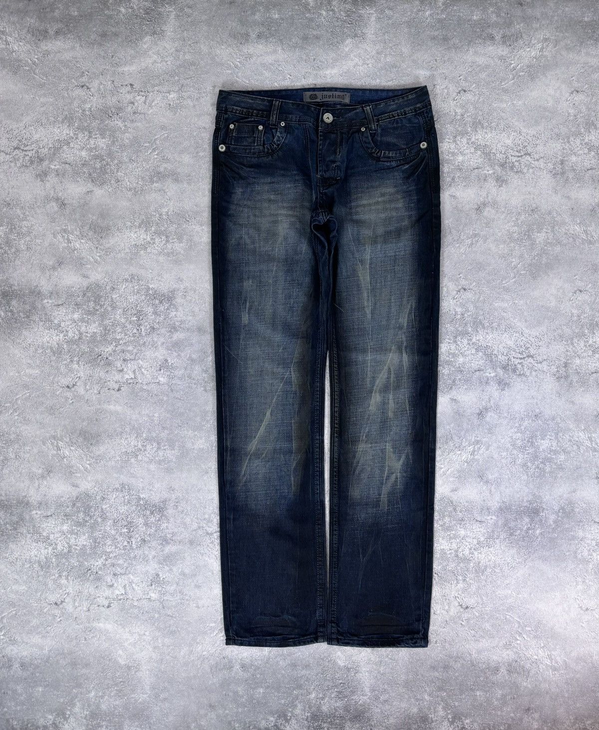 Japanese Brand Vintage Justing Y2K Dark Blue Faded Wash Denim Jeans Size US 32 / EU 48 - 1 Thumbnail