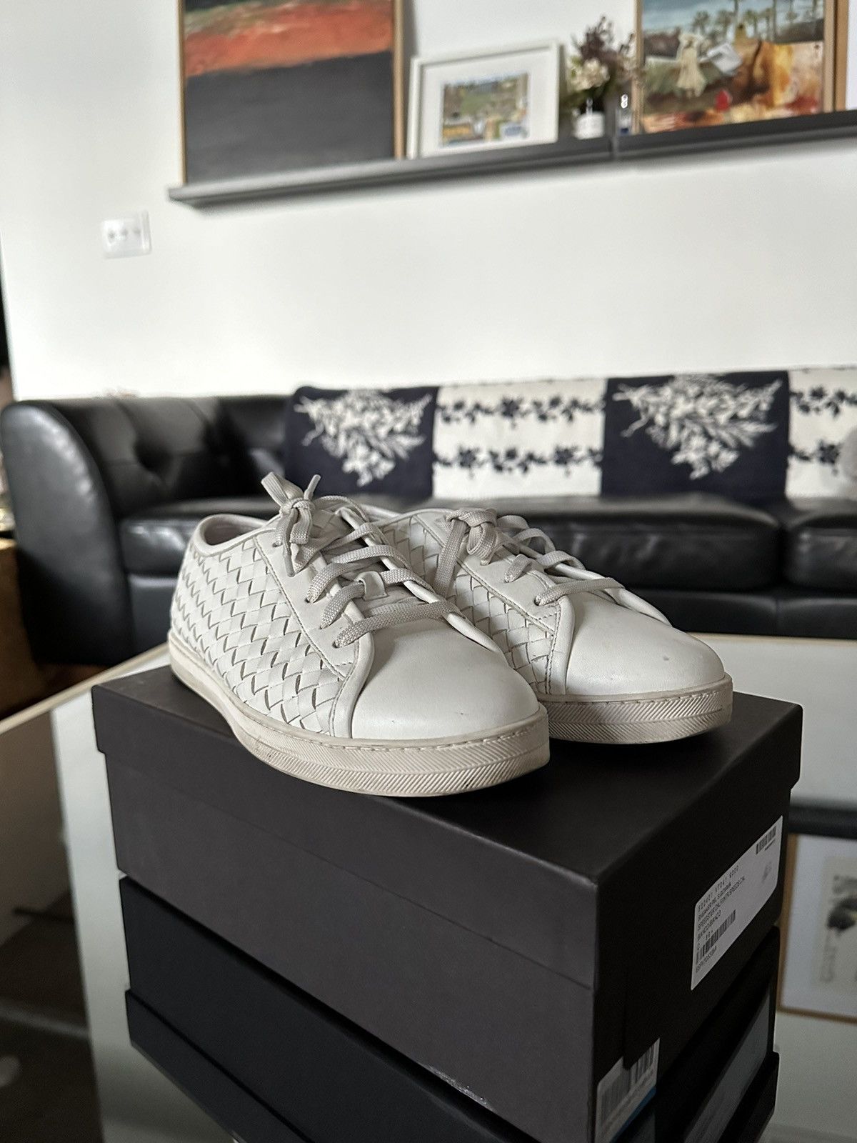 image of Bottega Veneta Intrecciato Leather Sneakers in White, Women's (Size 10)