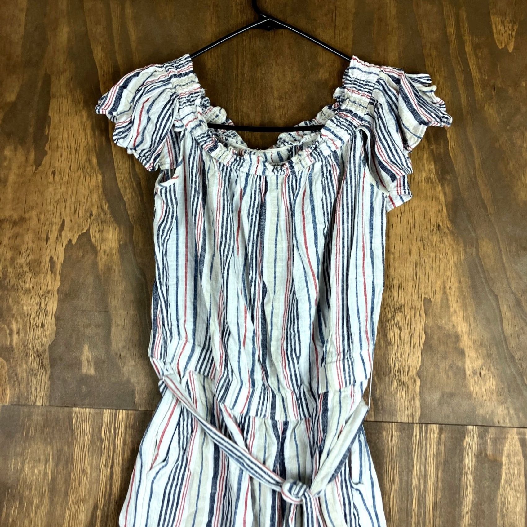 Loft LOFT Beach Romper Tan Multi Striped Linen Blend Smock Neck Sleeveless M Womens Casual Party/Cocktail Travel Pockets Flutter Relaxed One-Piece Shirt? Size 32" / US 10 / IT 46 - 2 Thumbnail