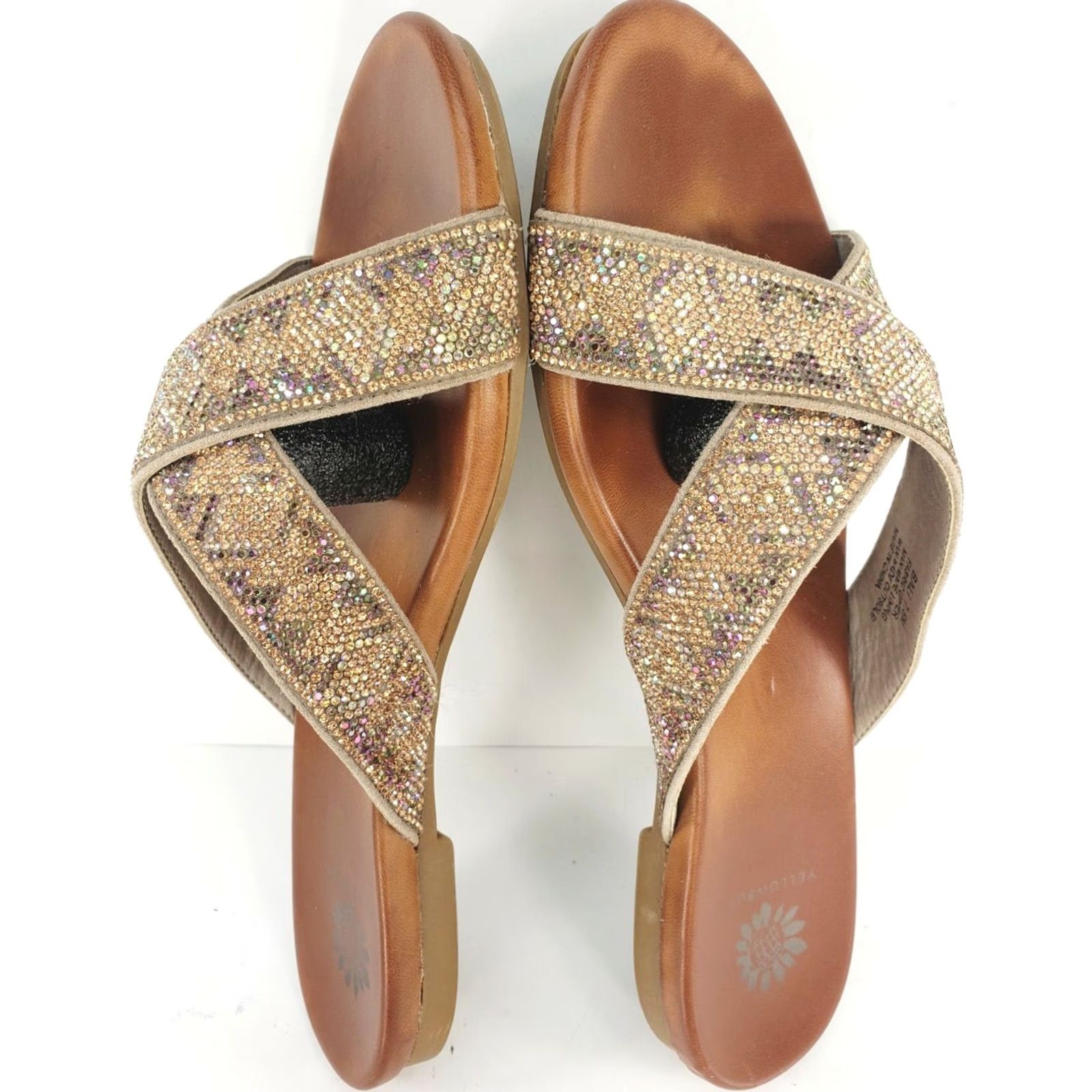 Vintage Yellow Box Bali Womens Slides 7.5 Gold Rhinestone Blingy X-Cross Front Shoes Womens Medium Gold Rhinestone Blingy X-Cross Front Size US 8 / IT 38 - 7 Thumbnail