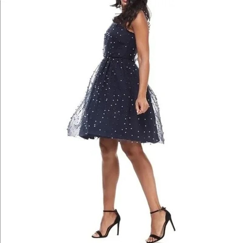 MAGGY LONDON MAGGY LONDON Navy Mesh Pearl Embellished A-line Dress Sz 8 Size M / US 6-8 / IT 42-44 - 2 Thumbnail