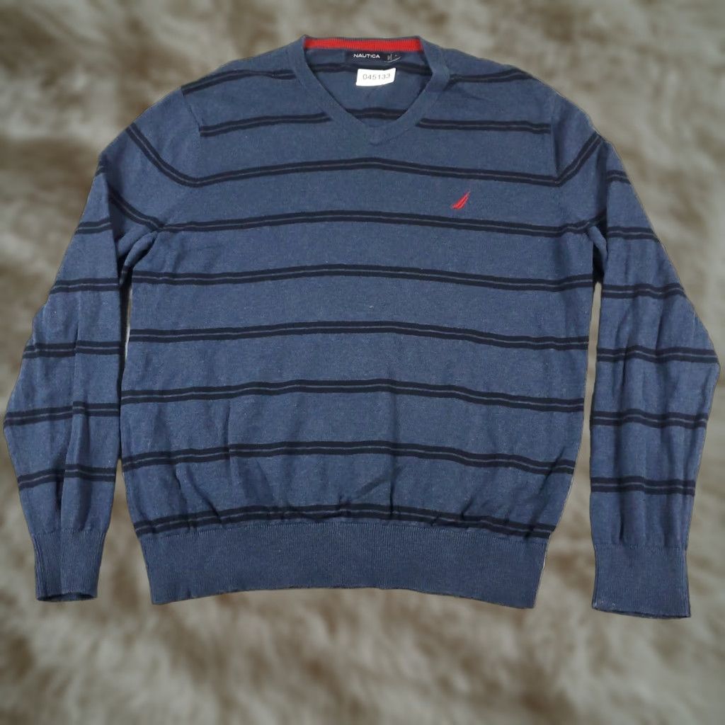Nautica Nautica Blue Striped Sweater Mens Large Pullover Crew Neck Cotton Size US L / EU 52-54 / 3 - 1 Thumbnail