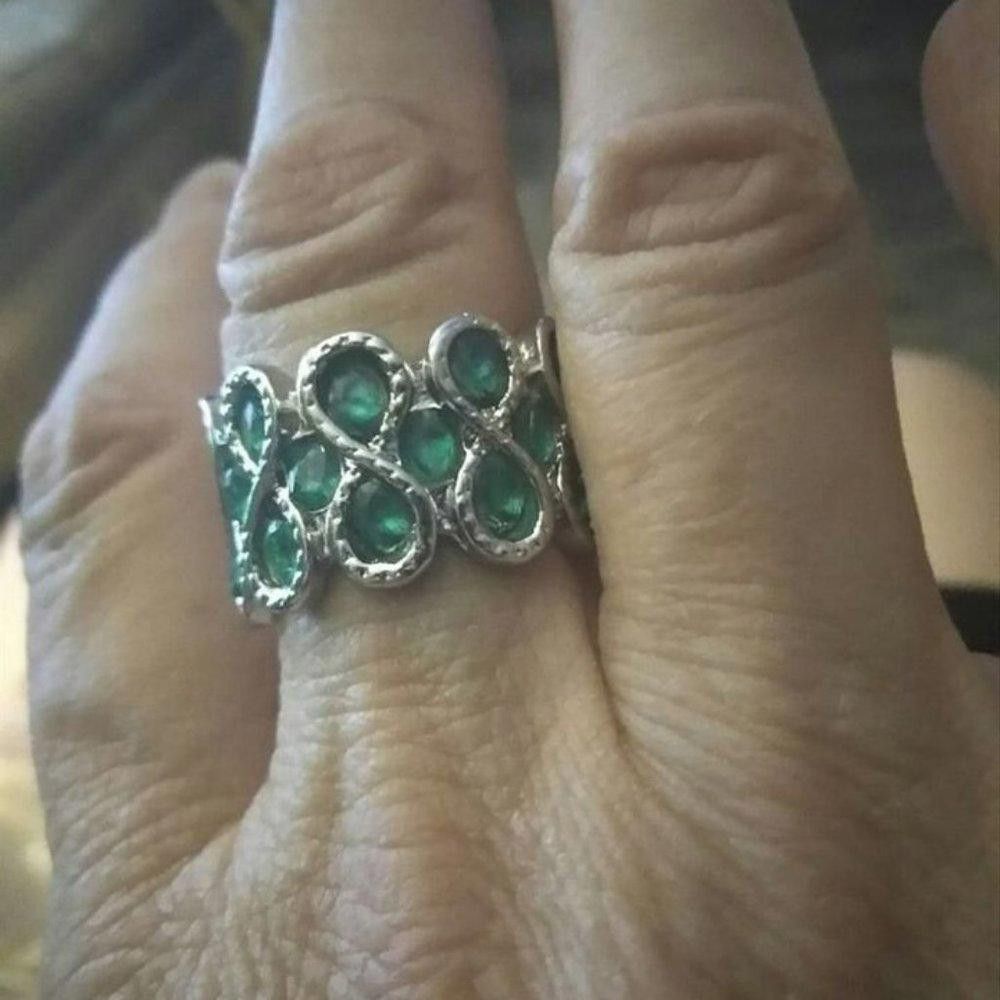 Designer Green Emerald & White Pear Weave Band Silver Ring - Size 7 Size ONE SIZE - 7 Thumbnail