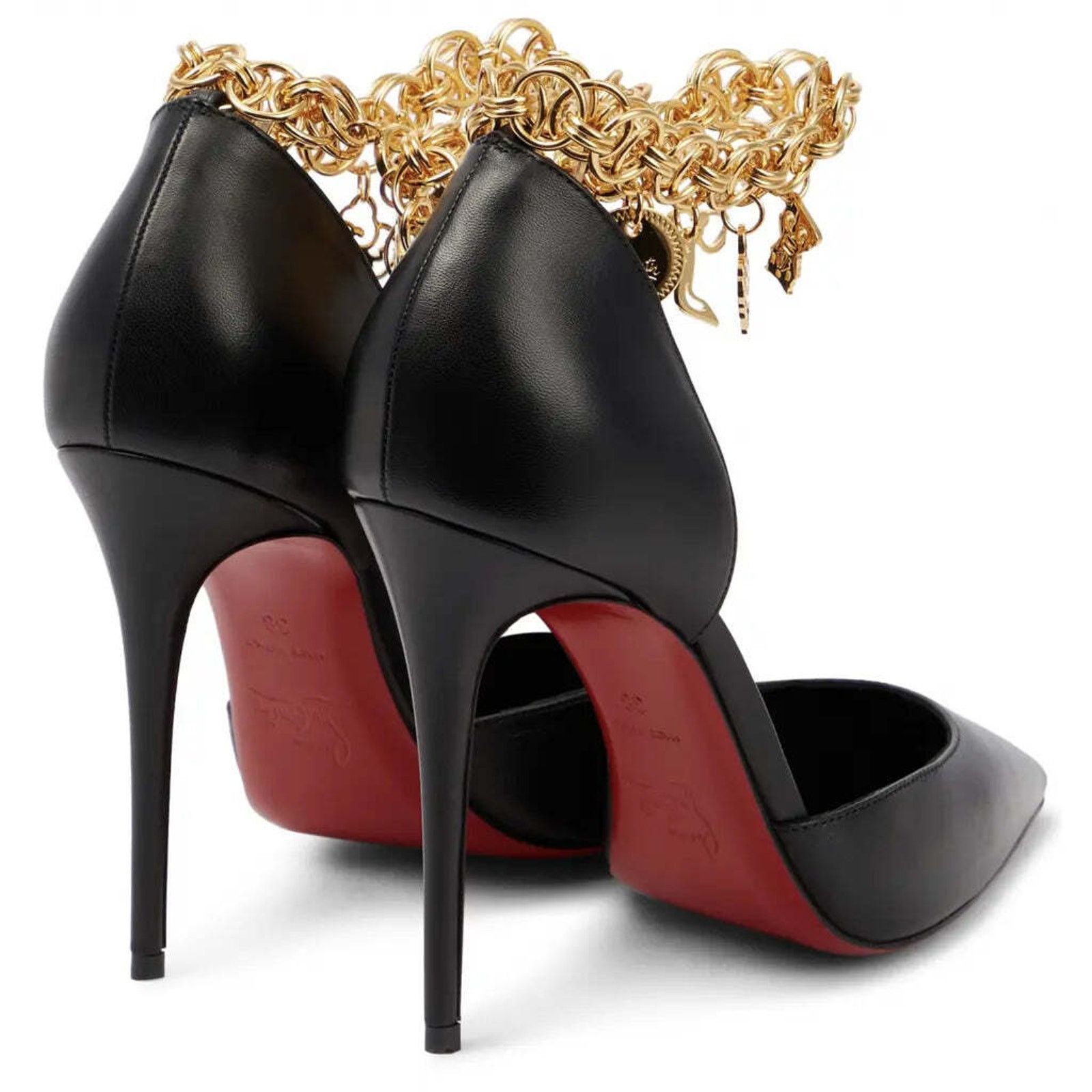Christian Louboutin Gourmi Pump 100 Black Gold Charm Ankle Strap Pointed Heel 42 Size US 12 / IT 42 - 8 Thumbnail