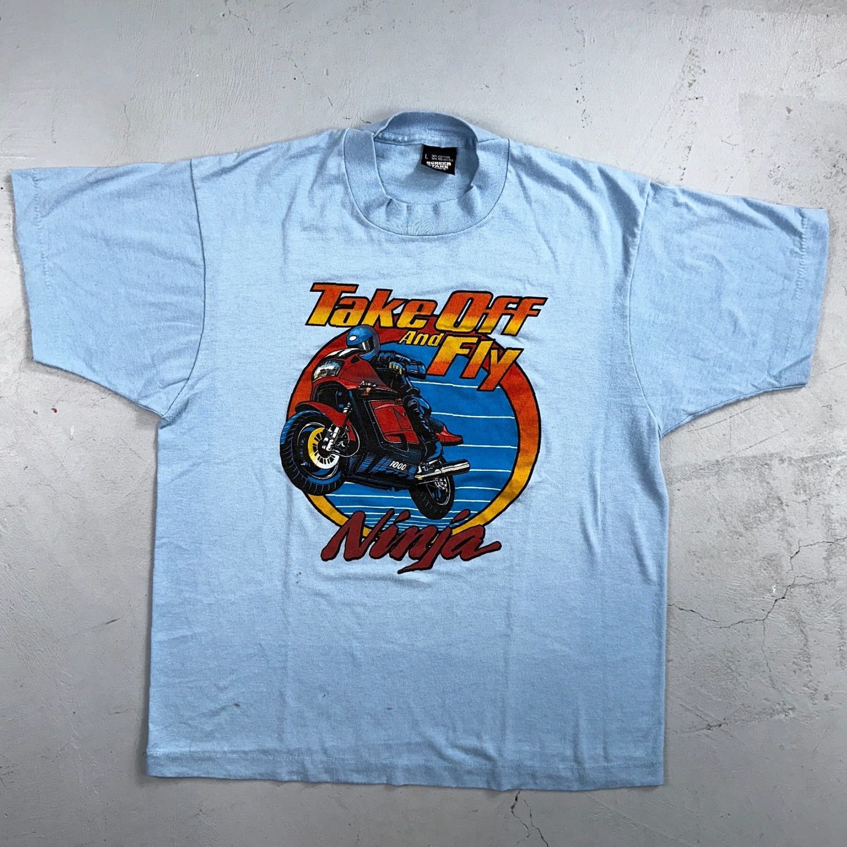 Vintage VINTAGE Screen Stars Motorcycle Ninja 80s VTG T Shirt Short Sleeve Crew Neck L Blue Mens Graphic Print 80s Theme Size US L / EU 52-54 / 3 - 2 Thumbnail