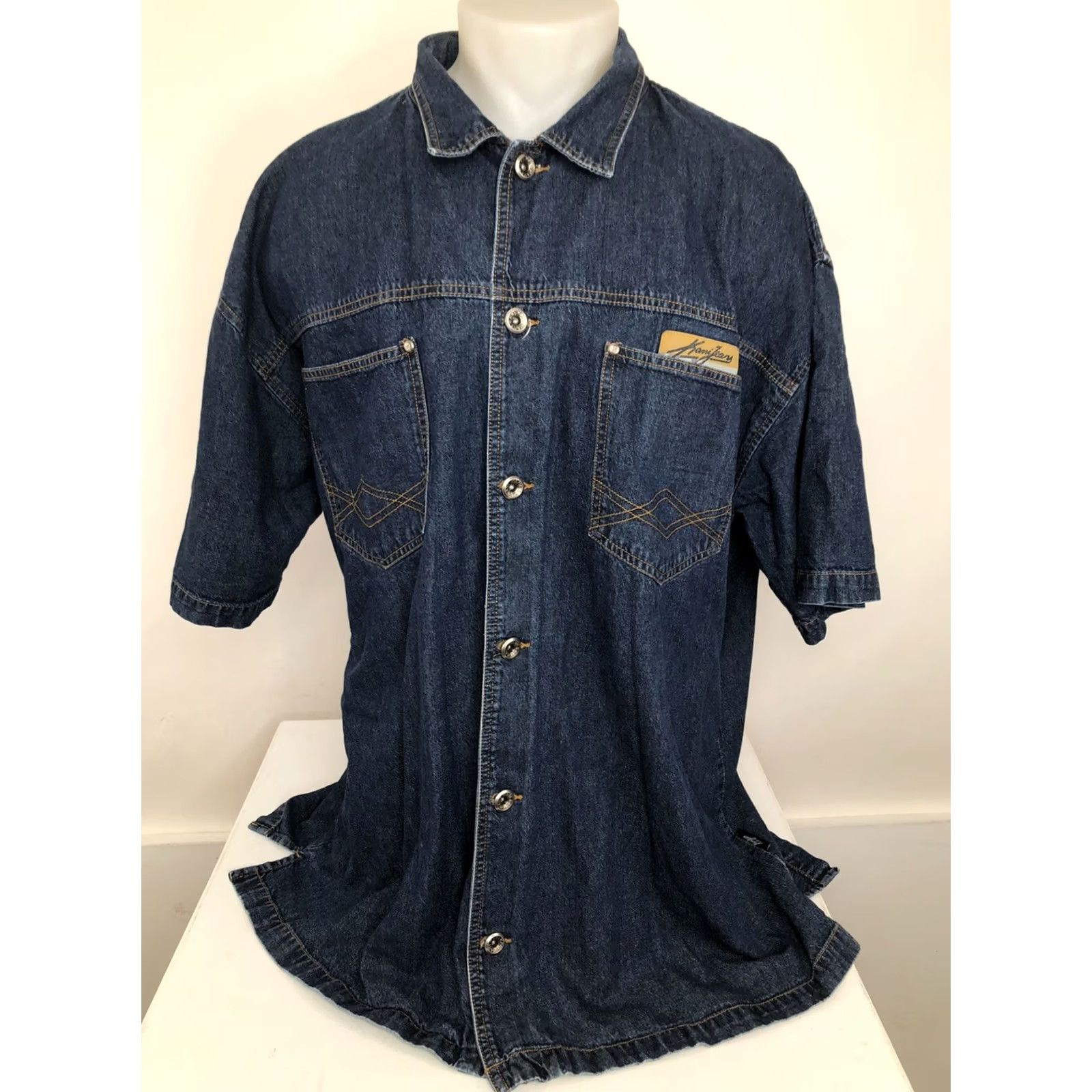 Denime VINTAGE KANI JEANS Denim Button-Up Shirt Jacket Mens 3XL Blue 1990s Heavy Duty Casual Short Sleeve Shirt Jacket Mens Mens/Unisex? Size US XXL / EU 58 / 5 - 2 Thumbnail
