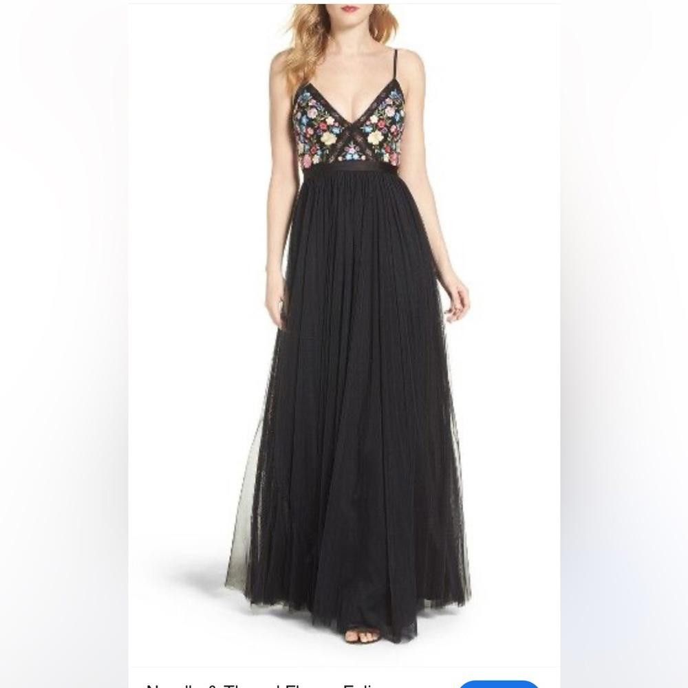 Designer Needle & Thread Flower Foliage Maxi Arya Dress Black Tulle Size XL / US 12-14 / IT 48-50 - 1 Thumbnail