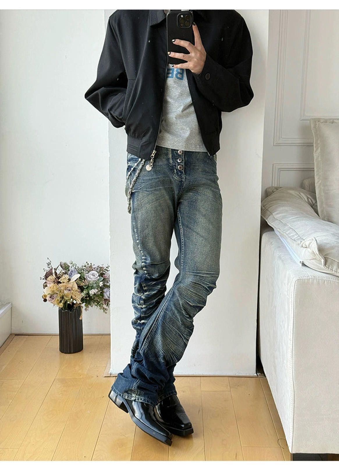 Vintage Blue Slim Fit Button-Fly Jeans, Ruched Detail Denim Pants Size US 32 / EU 48 - 1 Thumbnail