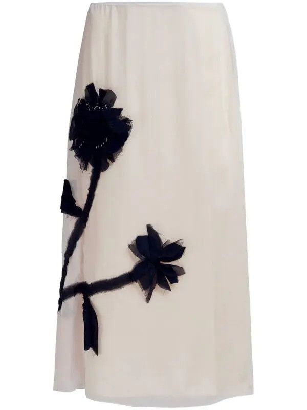 Marni o1w1db11125 Floral-Appliqué Silk Midi Skirt in White Size 26" / US 2 / IT 38 - 1 Thumbnail