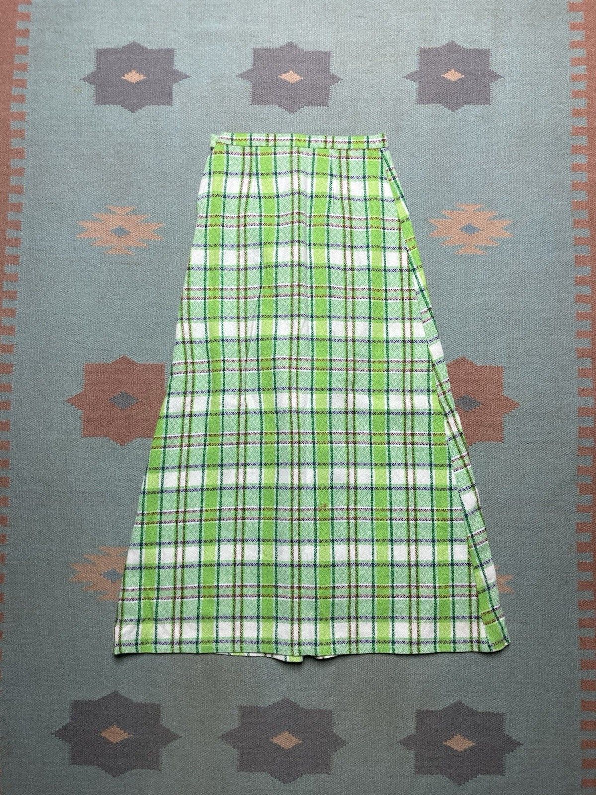 Vintage 60s plaid A-Line skirt midi maxi woven herringbone boho 23” Size 23" - 6 Thumbnail