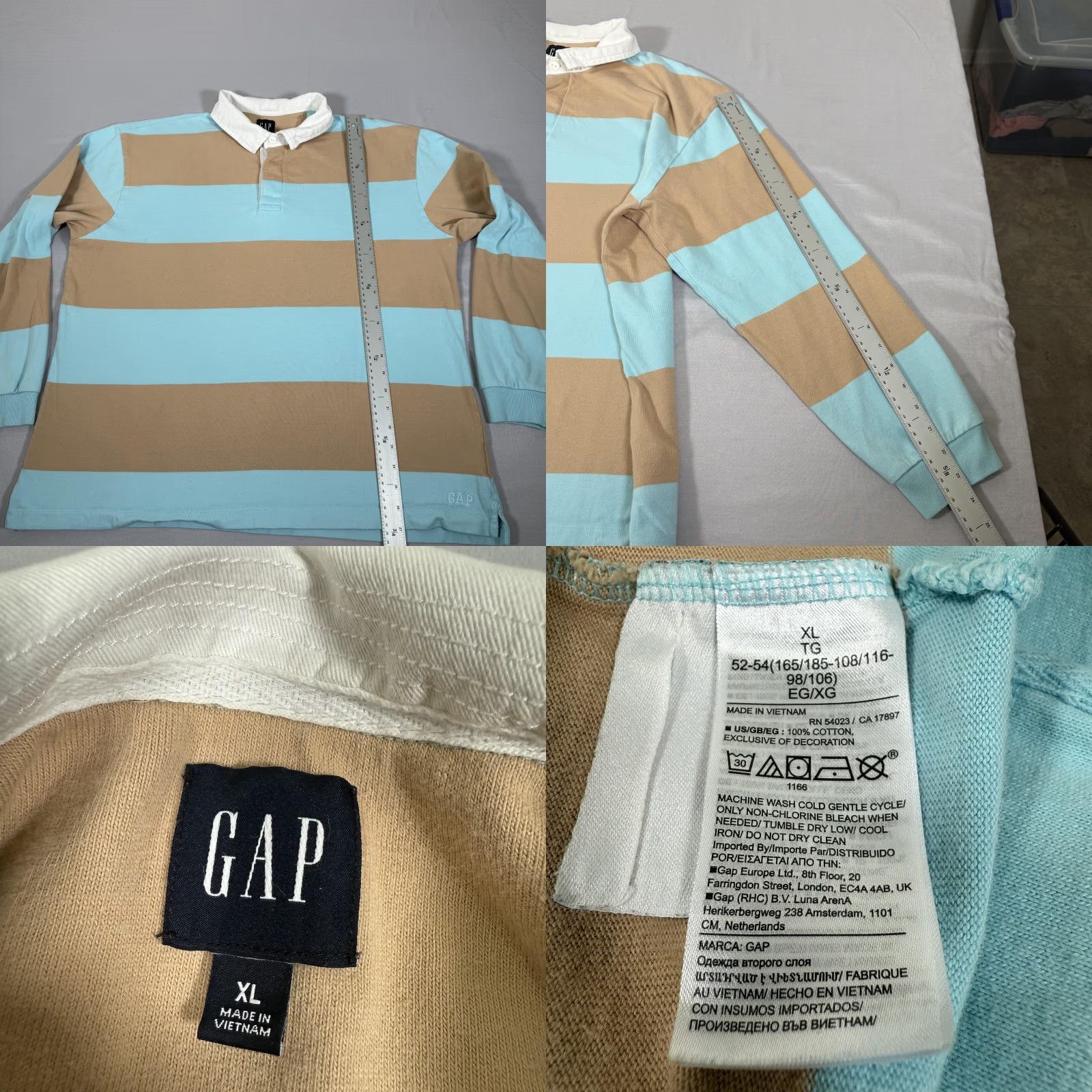Gap Gap Polo Shirt Mens XL Blue Tan Stripe Rugby Embroidered Logo Cotton Long Sleeve Polo Shirt Size US XL / EU 56 / 4 - 8 Thumbnail