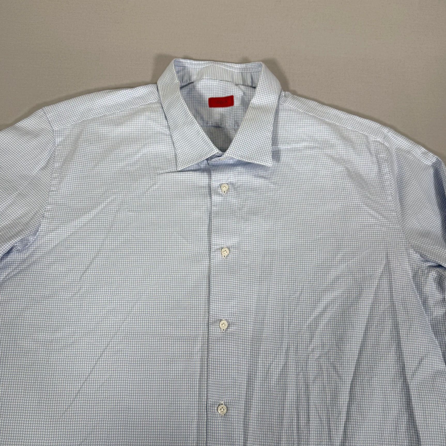 Isaia Isaia Shirt Mens XL Light Blue Micro Houndstooth French Cuff Dress Italy Preppy Size 46R - 2 Thumbnail