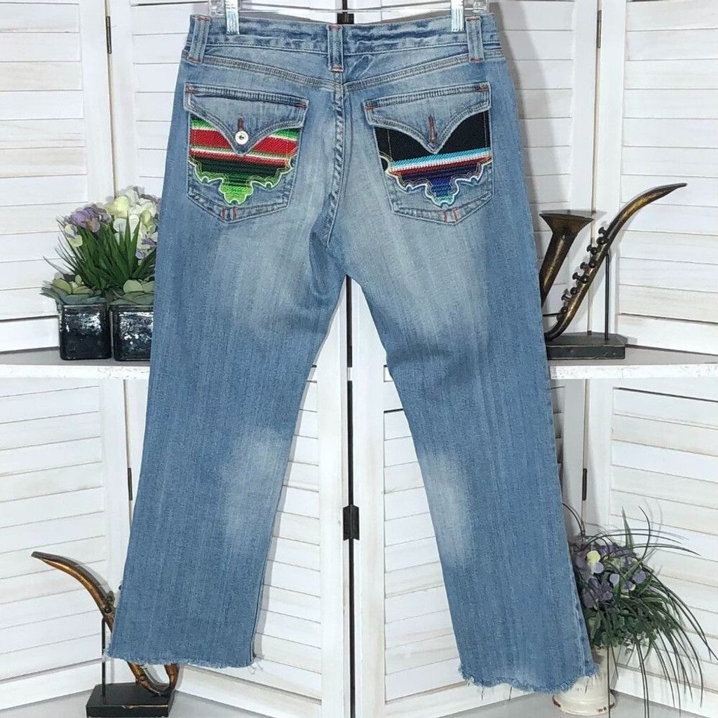Vintage Y2K 70s style hippy jeans straight blue embroidered pocket 5 Size 28" / US 6 / IT 42 - 2 Thumbnail