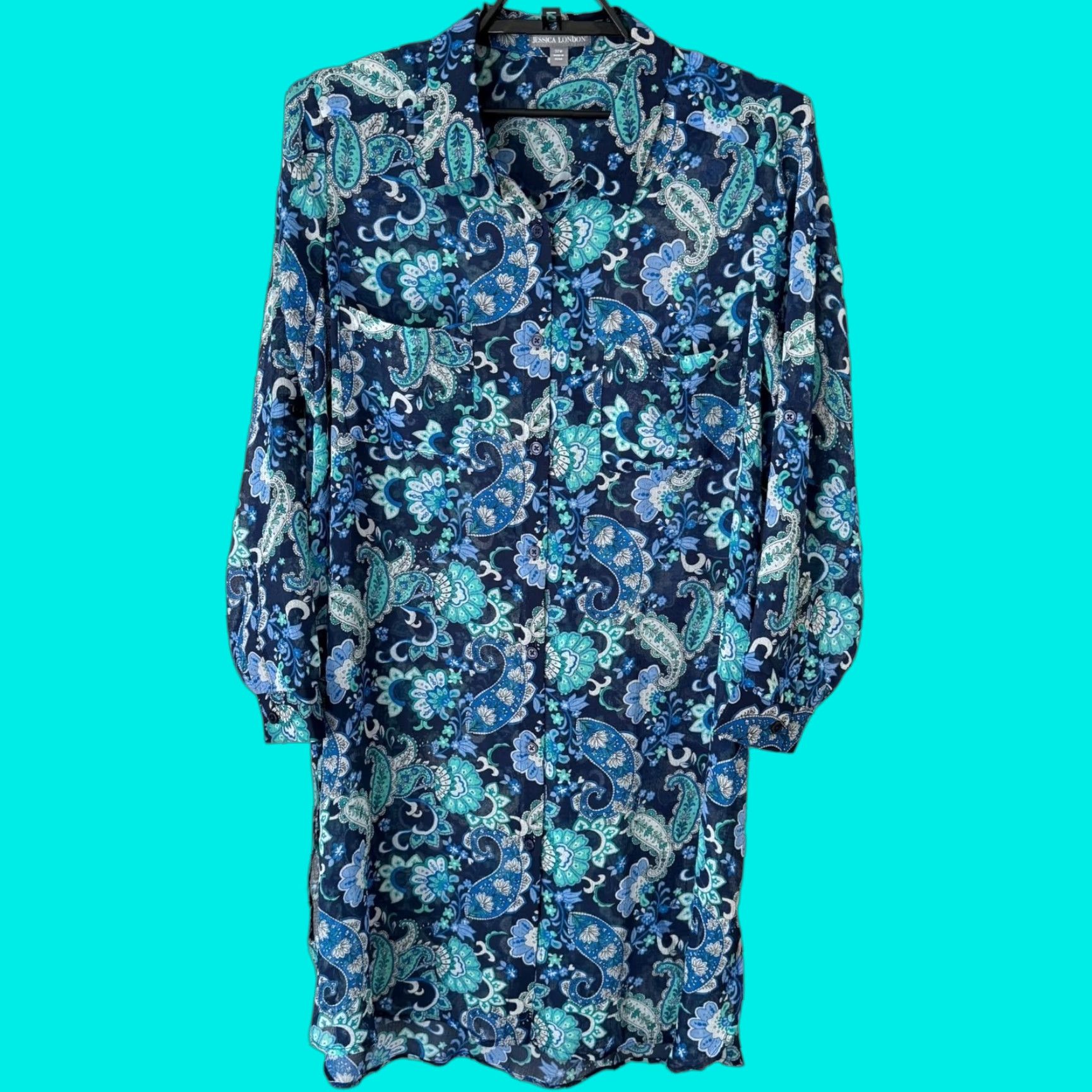 Vintage Jessica London Sheer Crinkle Button-Up Tunic Shirt Blue Floral Women's Size 20 Size 3XL / US 20-22 - 1 Thumbnail