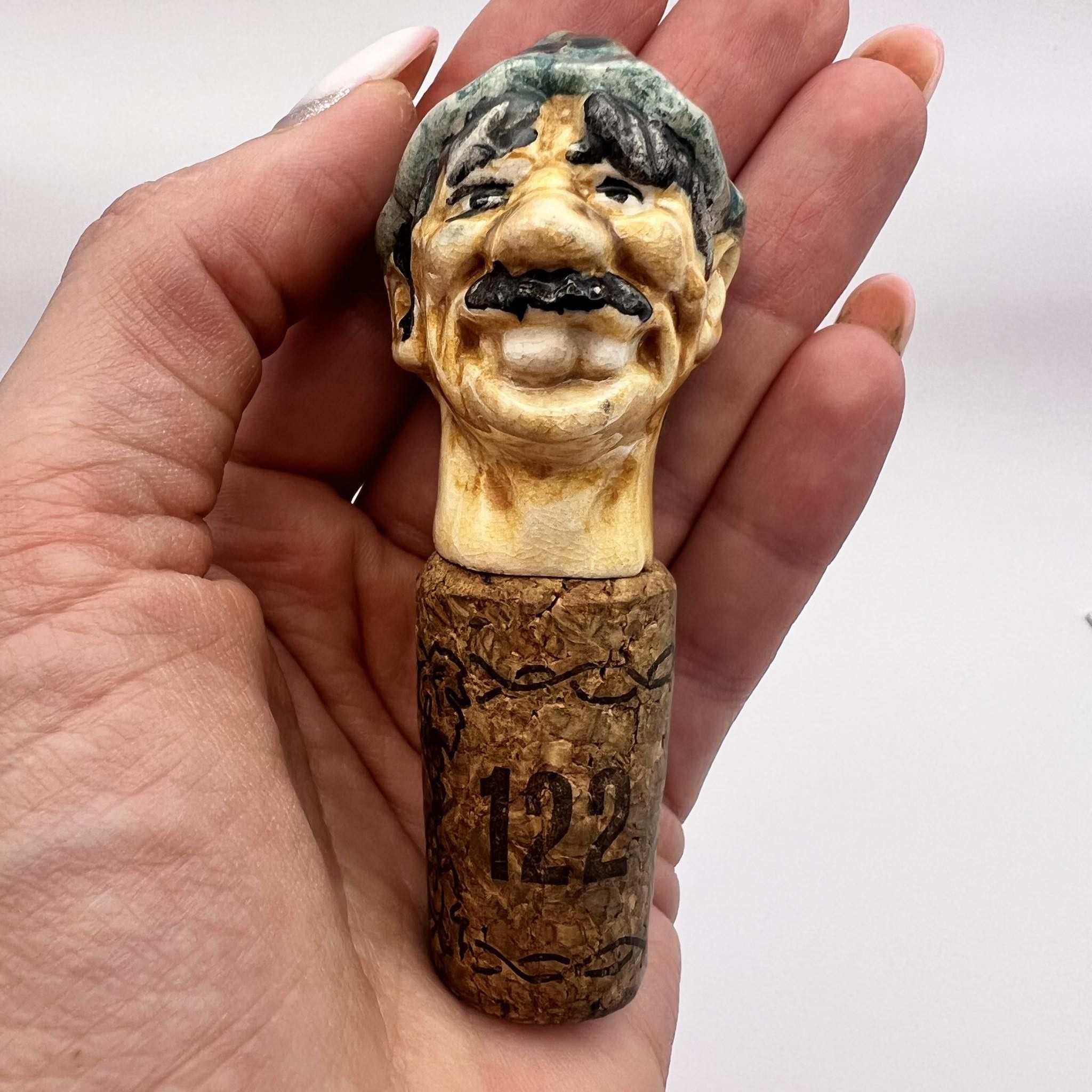 Vintage Vintage handmade Pottery Clay Bottle Cap Cork Lid Head Man Size ONE SIZE - 5 Thumbnail