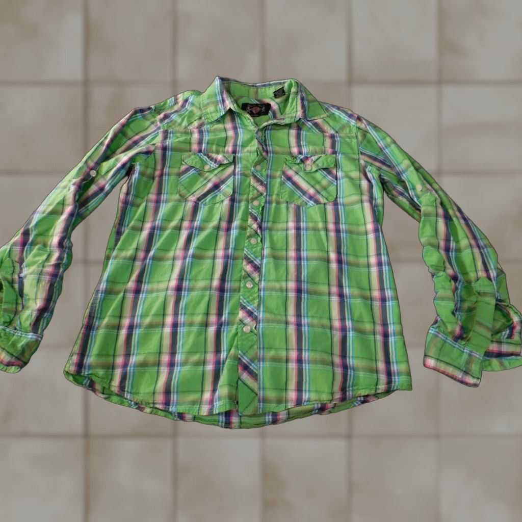 English Laundry Lions Crest English Laundry Mens Shirt Large Green Plaid Button-Down Short Sleeve Collared Knit Cotton Button-Up Mens Regular” Size US L / EU 52-54 / 3 - 1 Thumbnail