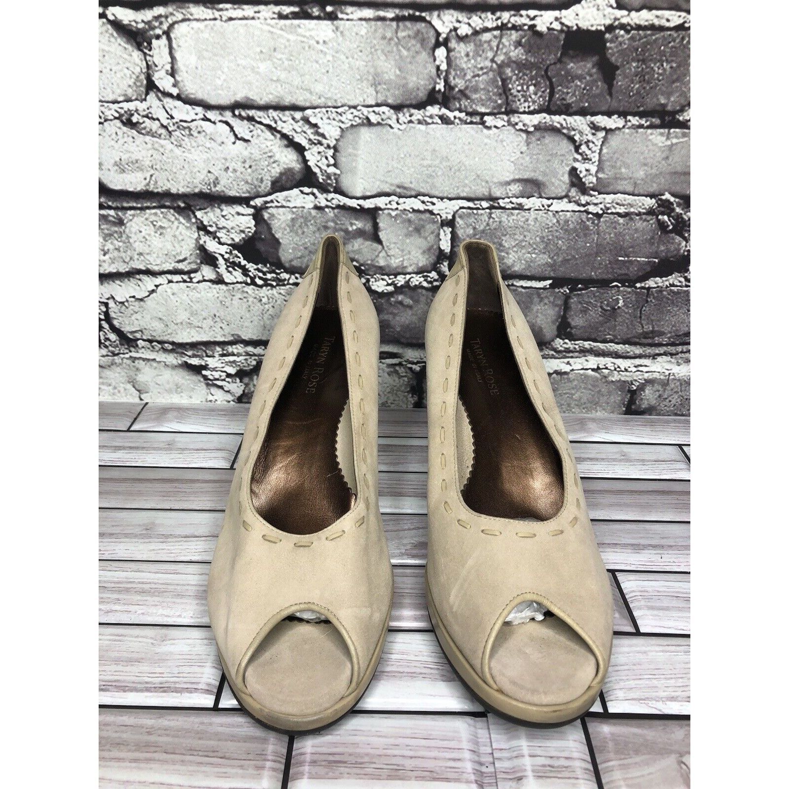 Other Taryn Rose Beige Suede Leather Peep Toe Dress High Wedges Wo Size US 9 / IT 39 - 4 Thumbnail
