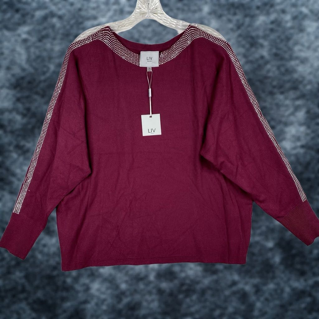Vintage VINTAGE? LIV Milano Women’s Sweater XL Burgundy Silver Rhinestones Dolman Sleeve NWT Size XL / US 12-14 / IT 48-50 - 1 Thumbnail