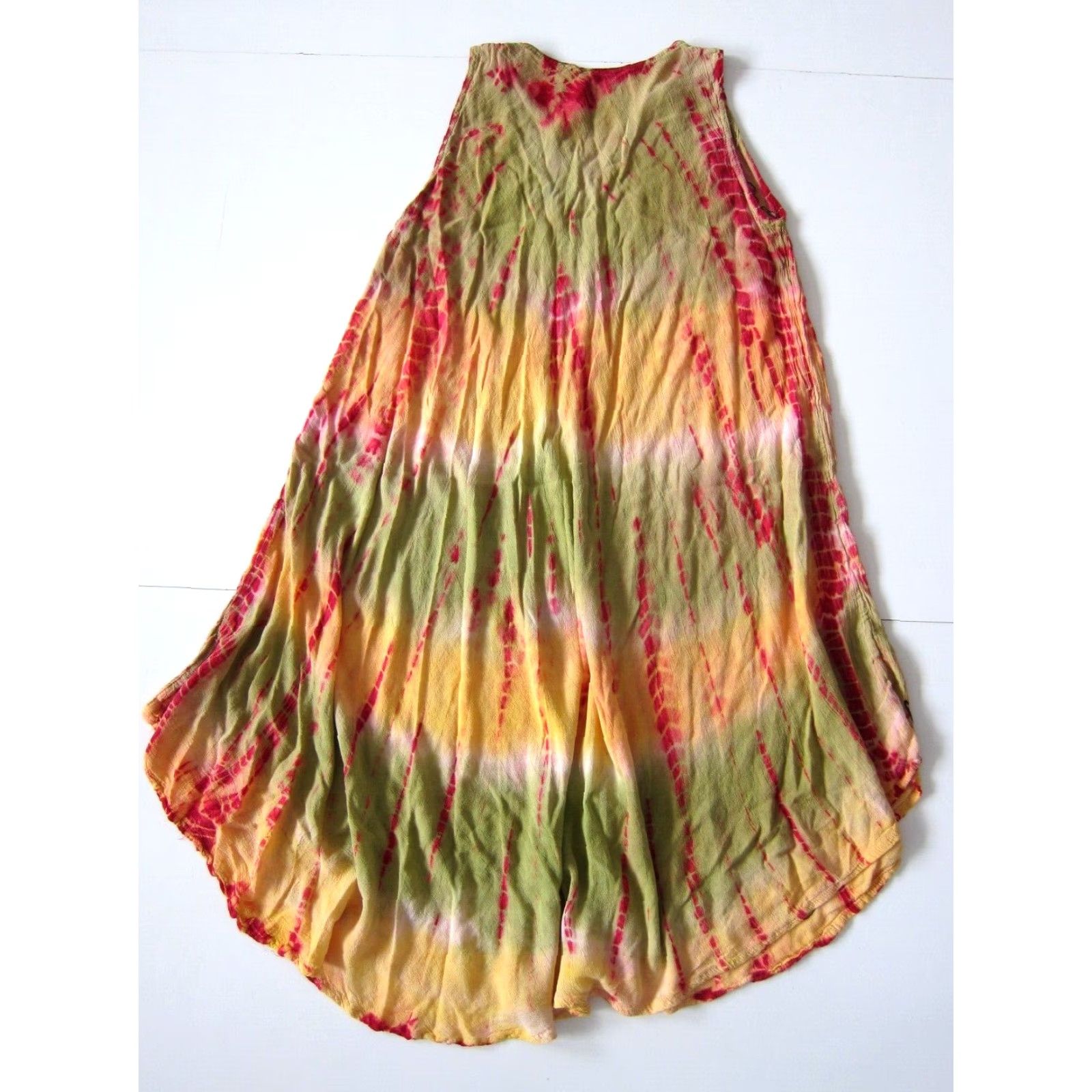 Sunflower VINTAGE Sunflower Tank Dress OS 100% Crinkle Rayon Yellow Pink Embroidered Tie Dye Hippy Dress Womens Size ONE SIZE - 2 Thumbnail