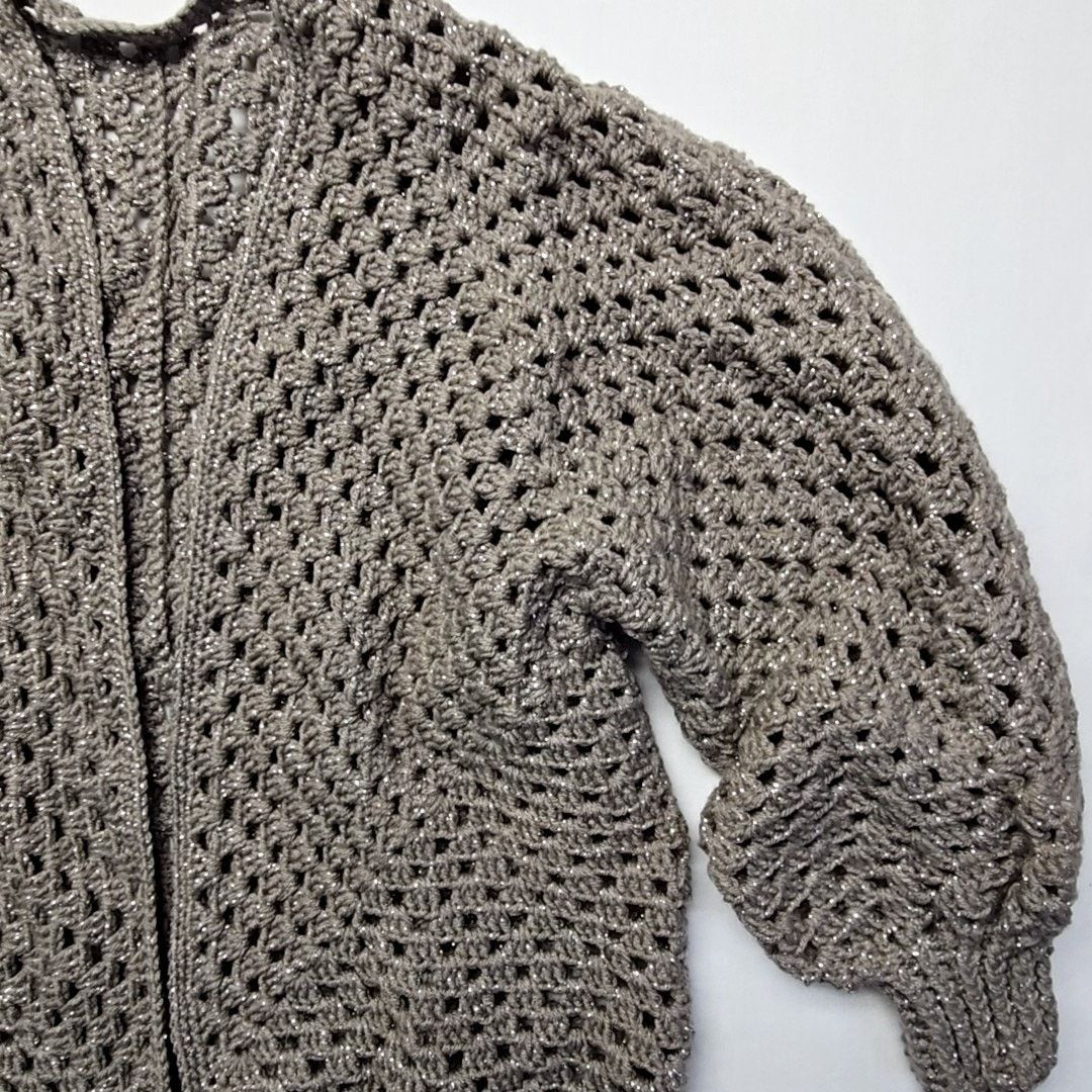 Handmade Knit Metallic Gray Cardigan Oversized L Crochet Open Sweater Size L / US 10 / IT 46 - 2 Thumbnail