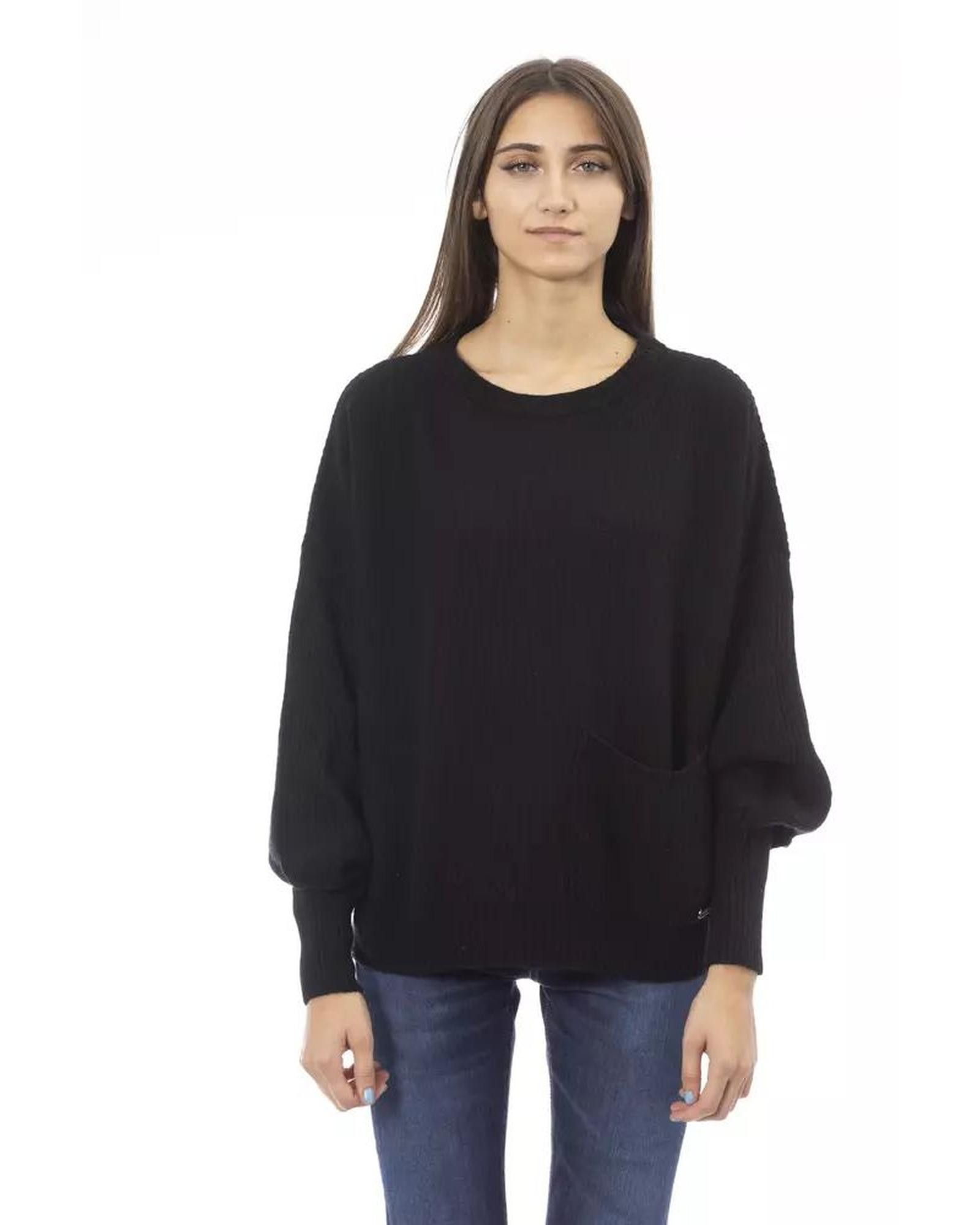 image of Baldinini Wool Crewneck Sweater With Front Pocket in Black, Women's (Size XS)