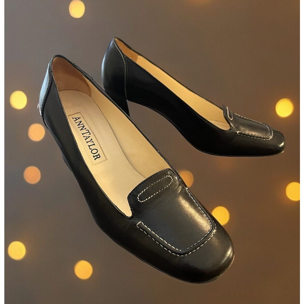 Anne Taylor Black Shoes Chunky Heels Pumps Leather Size 6.5 M, Women's