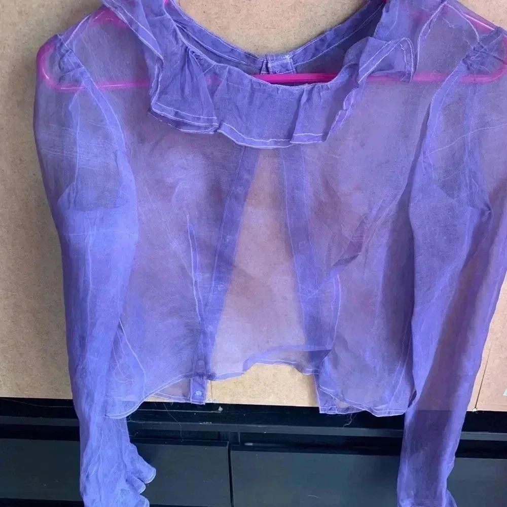 Designer Chic Sheer Purple Blouse with Ruffled Neckline Size S / US 4 / IT 40 - 2 Thumbnail