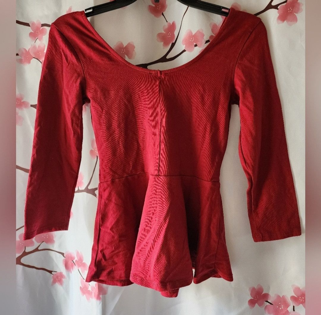 Express New Express 3/4 Sleeve Peplum Shirt Dark Red Size XS Size XS / US 0-2 / IT 36-38 - 3 Thumbnail