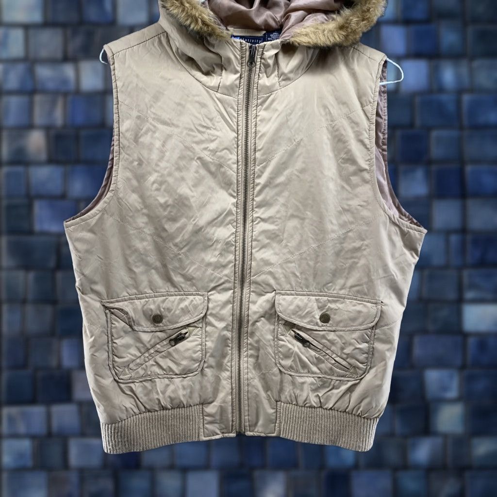 Vintage Relativity Women's Vest Nylon Beige Full Zip Faux Fur Hood L Size Size L / US 10 / IT 46 - 1 Thumbnail