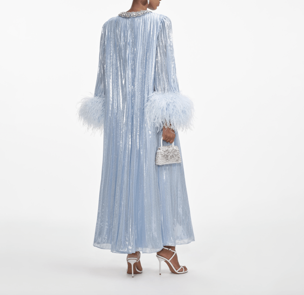 Self-Portrait Women's Blue Feather-Trimmed Metallic Chiffon Midi Dress Size S / US 4 / IT 40 - 7 Thumbnail