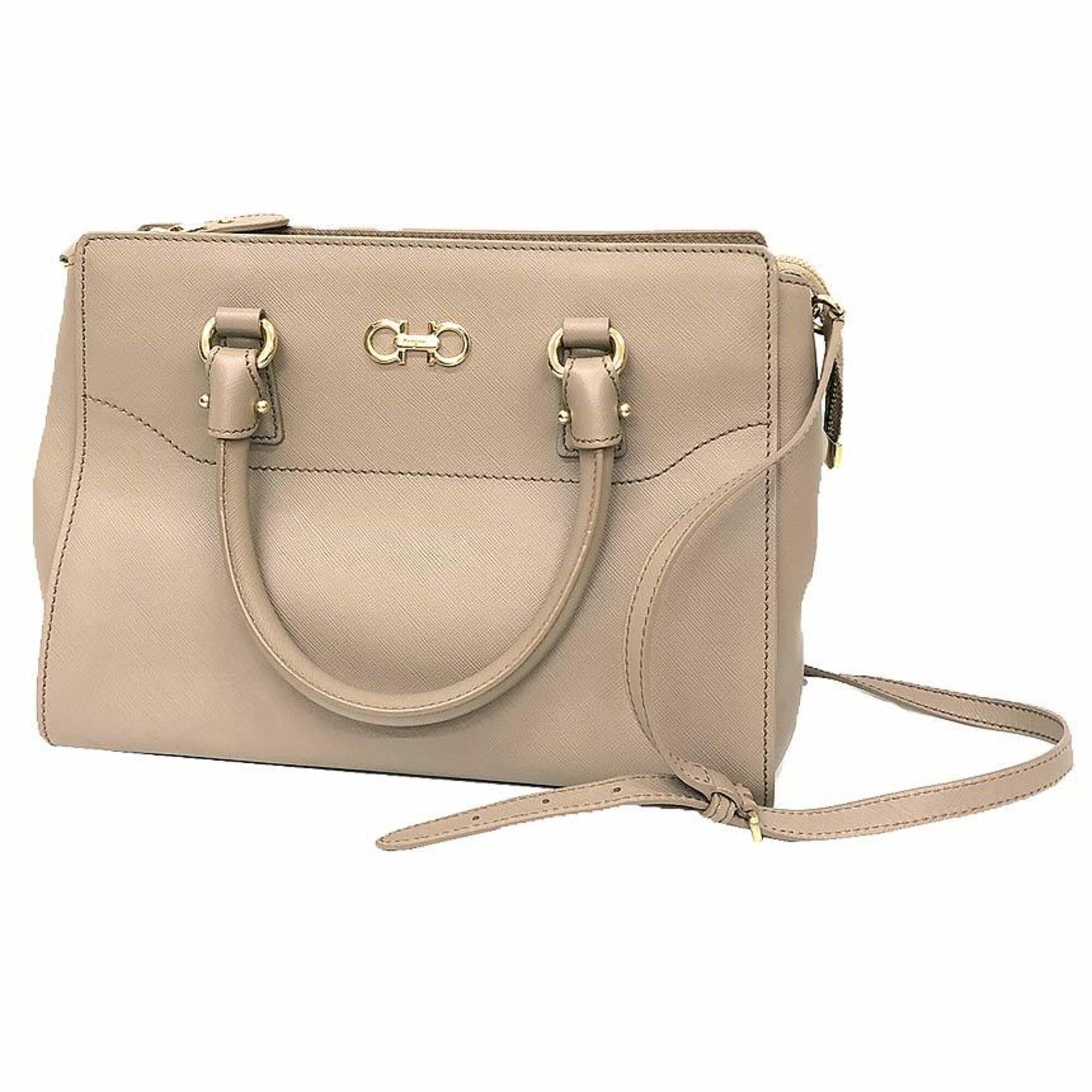 Salvatore Ferragamo Salvatore Ferragamo Double Gancini Handbag, 2-Way Shoulder Bag, Leather, Beige, Women's Size ONE SIZE - 1 Thumbnail
