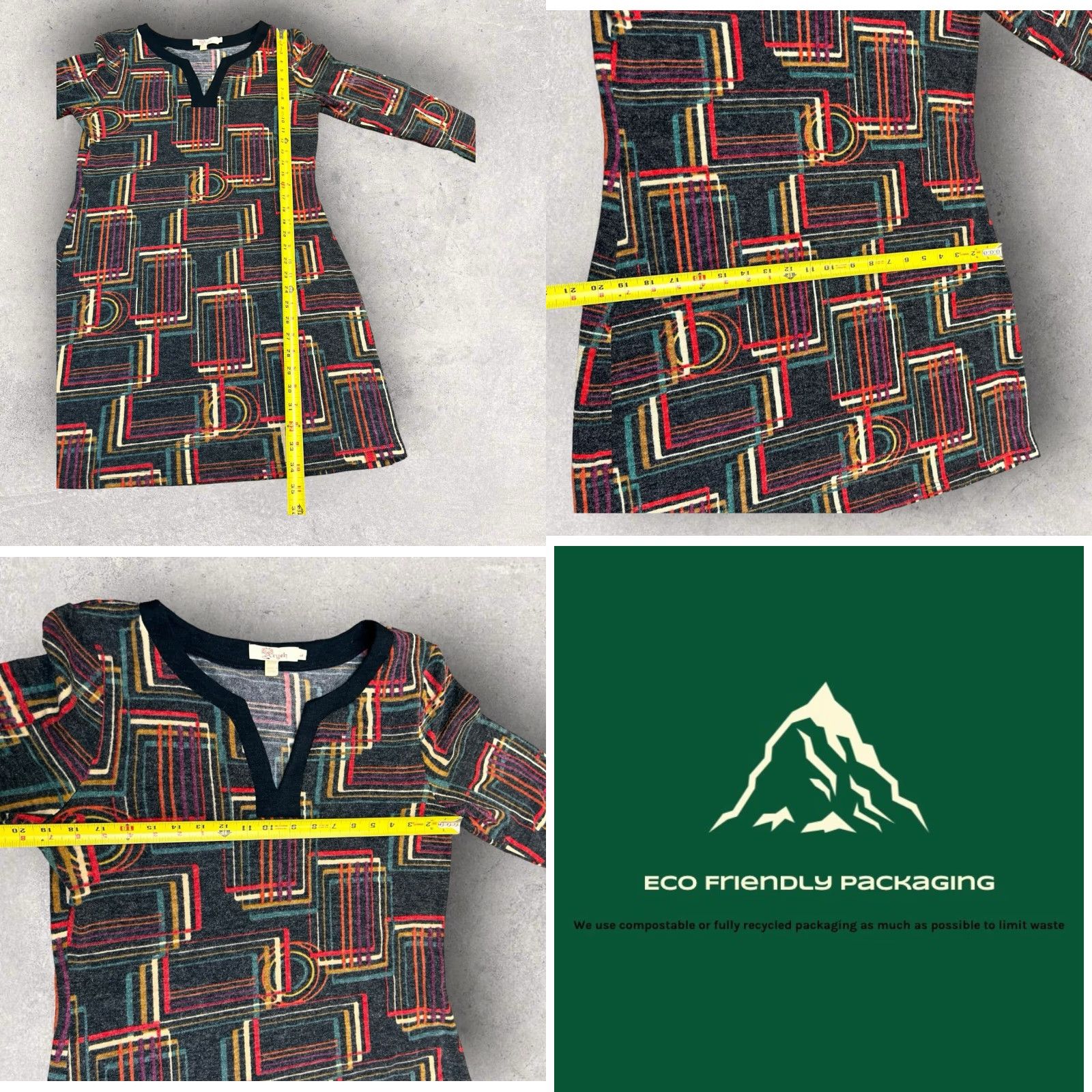 Anthropologie Aryeh Anthropologie Women's Long Sleeve Knit Shift Dress L Multi-Color Geometric Stretch V-Neck Pullover Knee-Length Size L / US 10 / IT 46 - 8 Thumbnail