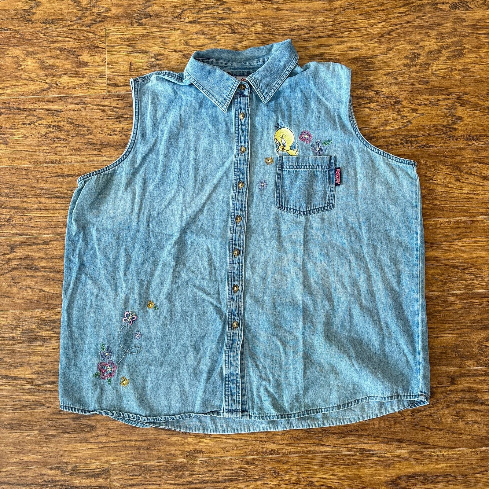 Vintage Vtg Looney Tunes Tweety Bird Flowers Denim Sleeveless Shirt Size 3XL / US 20-22 - 1 Thumbnail