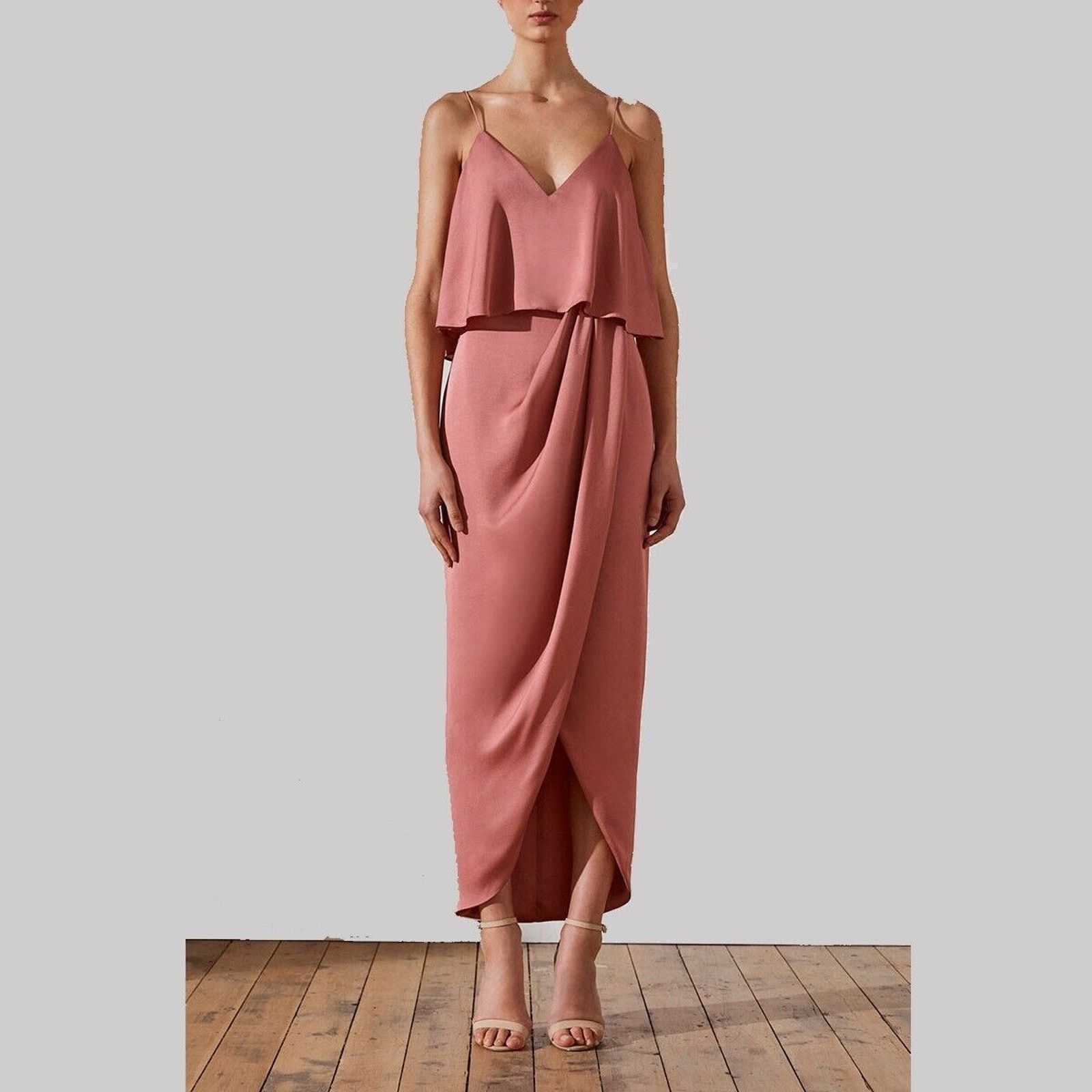Shona Joy Women Pink Rose Satin Tulip Hem Maxi Dress Size 4